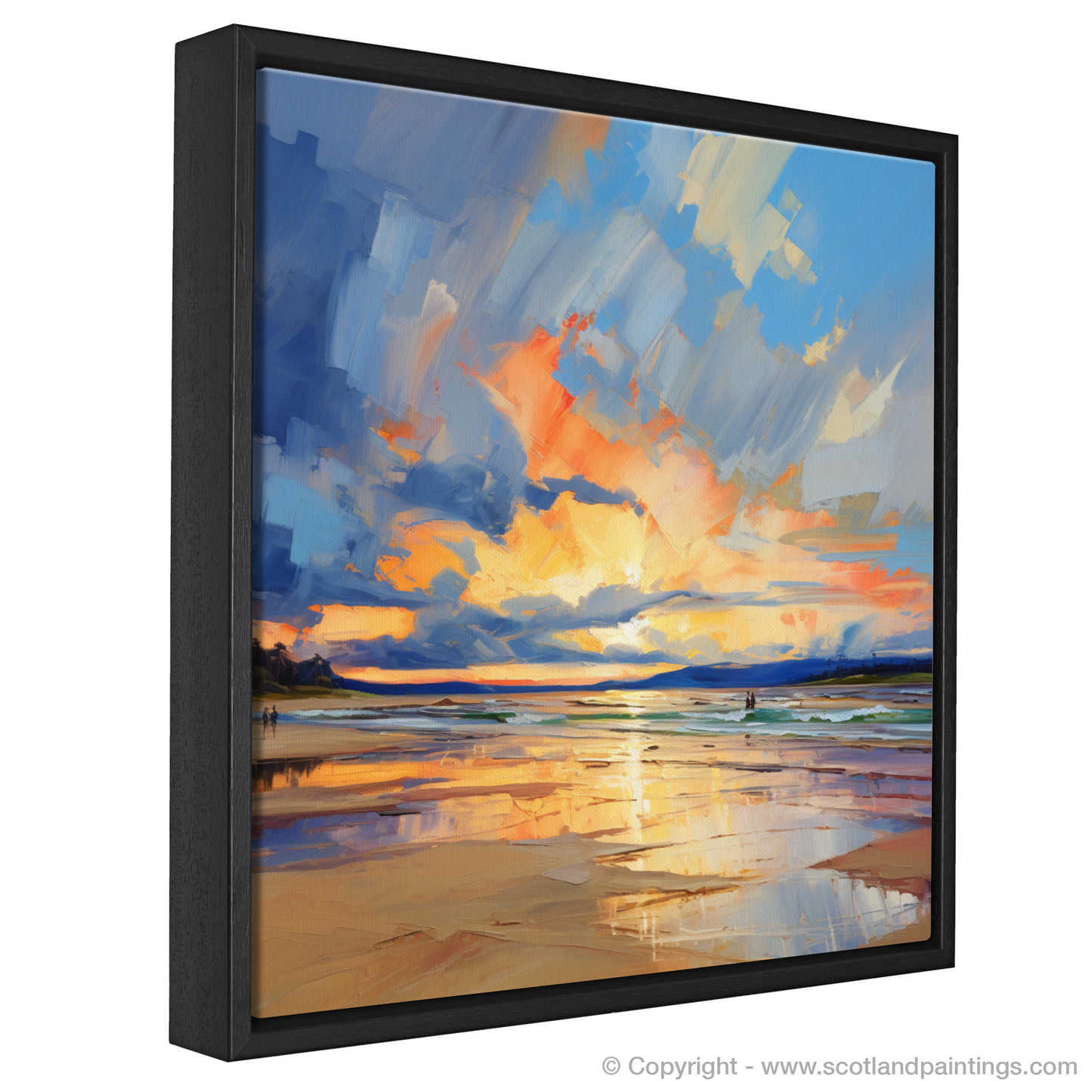 Painting and Art Print of Nairn Beach at golden hour entitled "Golden Symphony of Nairn Beach at Twilight".