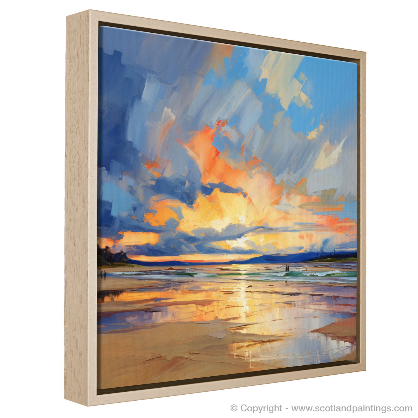 Painting and Art Print of Nairn Beach at golden hour entitled "Golden Symphony of Nairn Beach at Twilight".