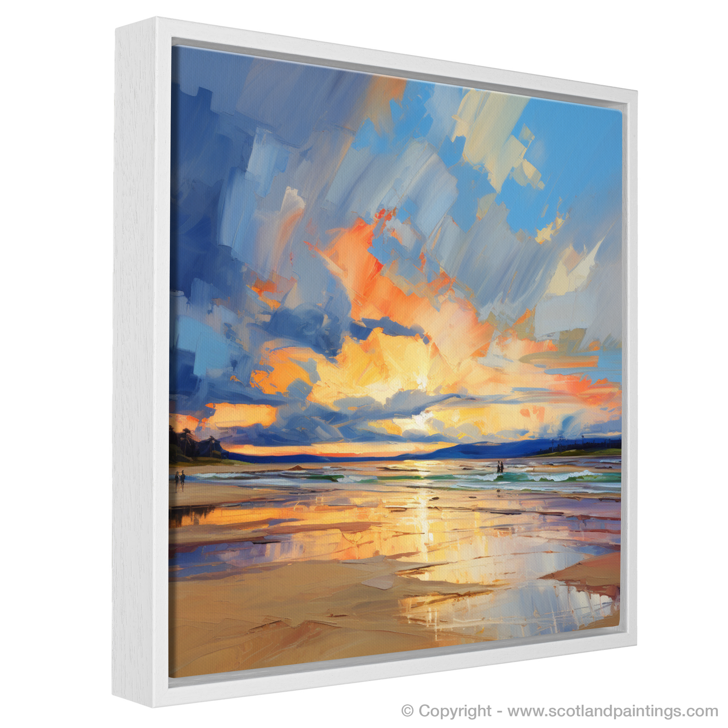 Painting and Art Print of Nairn Beach at golden hour entitled "Golden Symphony of Nairn Beach at Twilight".