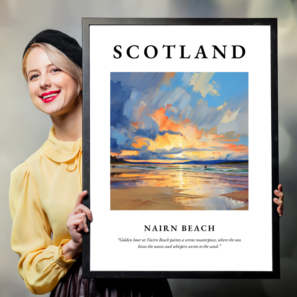 Person holding a poster of Nairn Beach