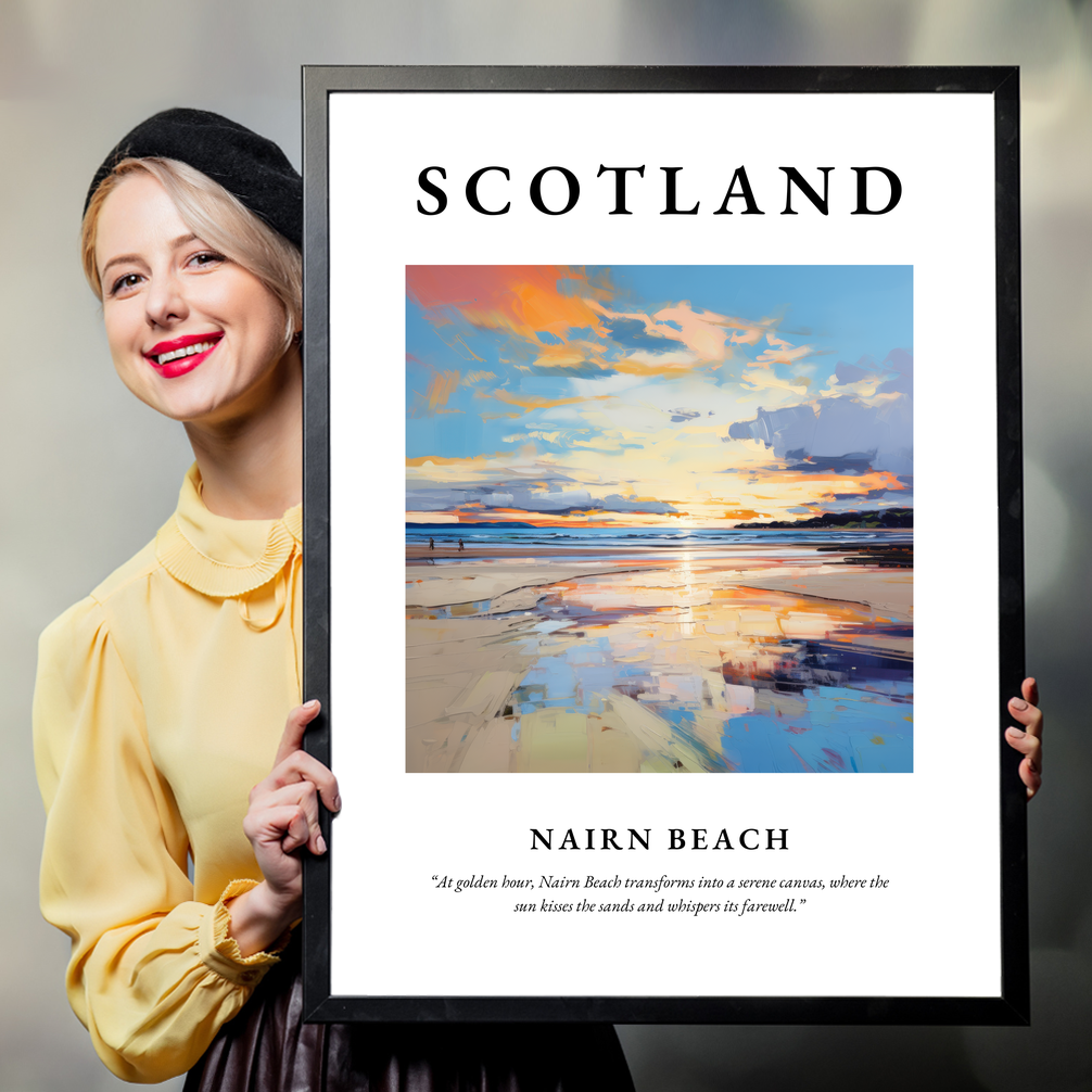 Person holding a poster of Nairn Beach