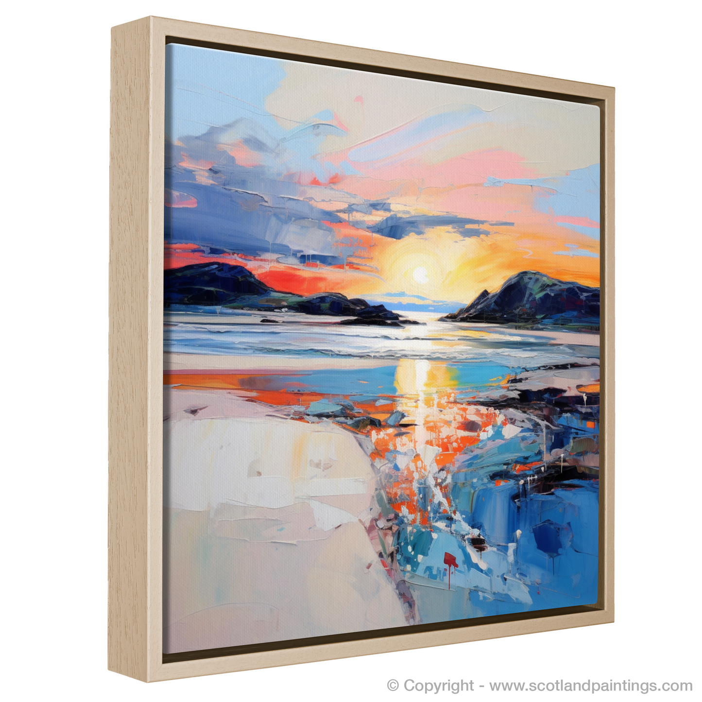 Painting and Art Print of Traigh Mhor at sunset entitled "Fiery Embrace of Traigh Mhor at Sunset".