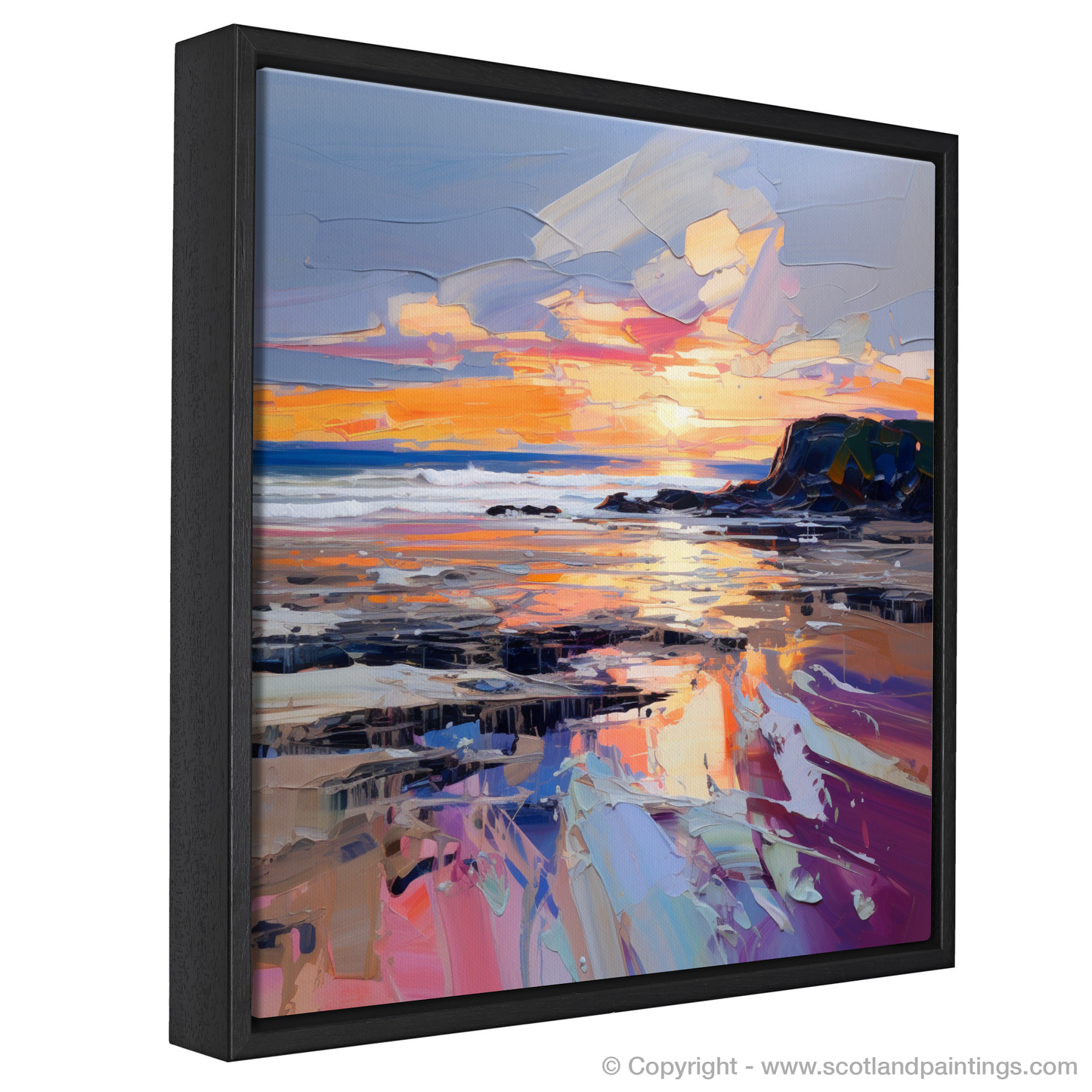 Painting and Art Print of St Cyrus Beach at sunset. Sunset Embrace at St Cyrus Beach.