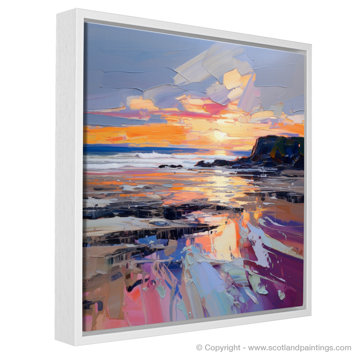 Painting and Art Print of St Cyrus Beach at sunset. Sunset Embrace at St Cyrus Beach.