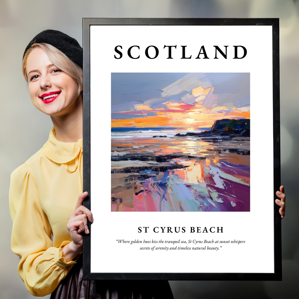 Person holding a poster of St Cyrus Beach