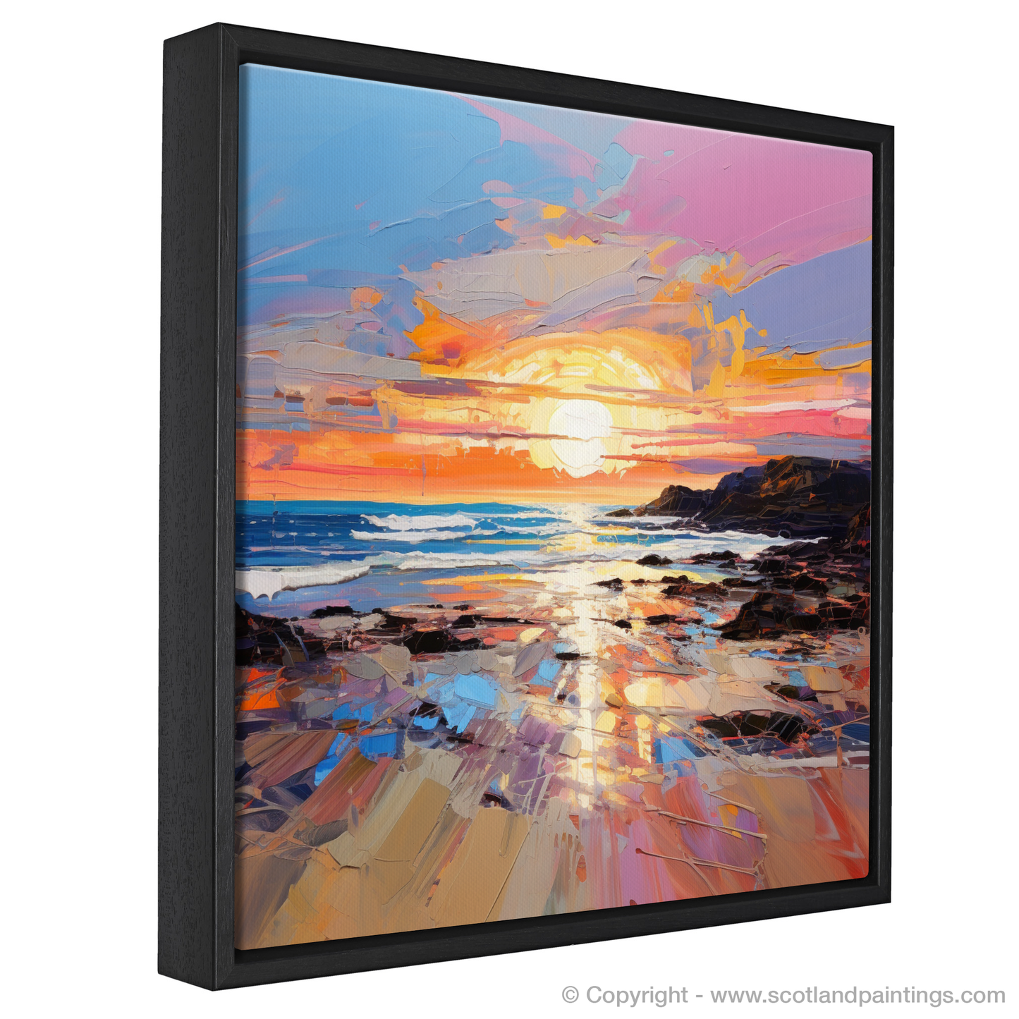 Painting and Art Print of St Cyrus Beach at sunset. Sunset Embrace at St Cyrus Beach.