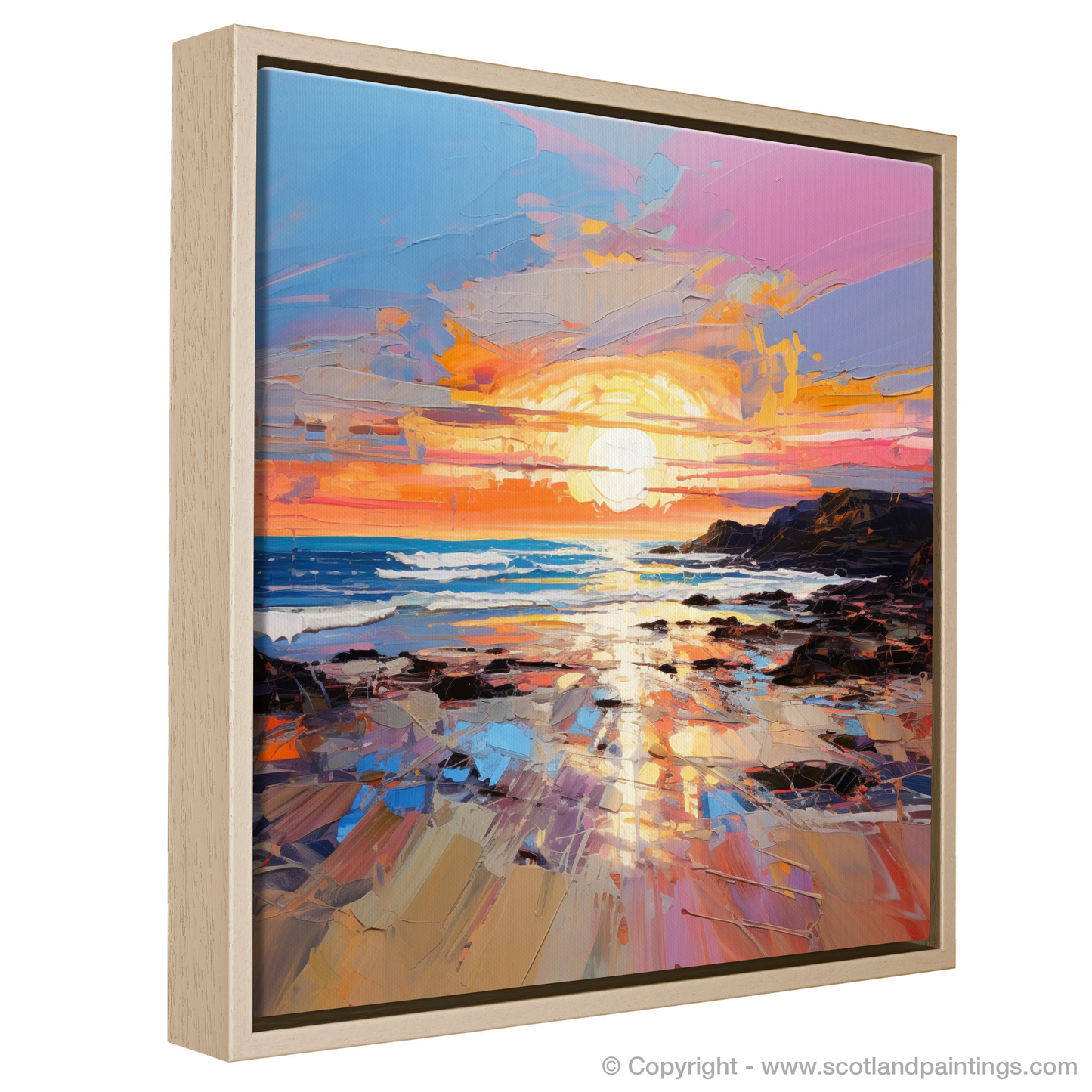 Painting and Art Print of St Cyrus Beach at sunset. Sunset Embrace at St Cyrus Beach.