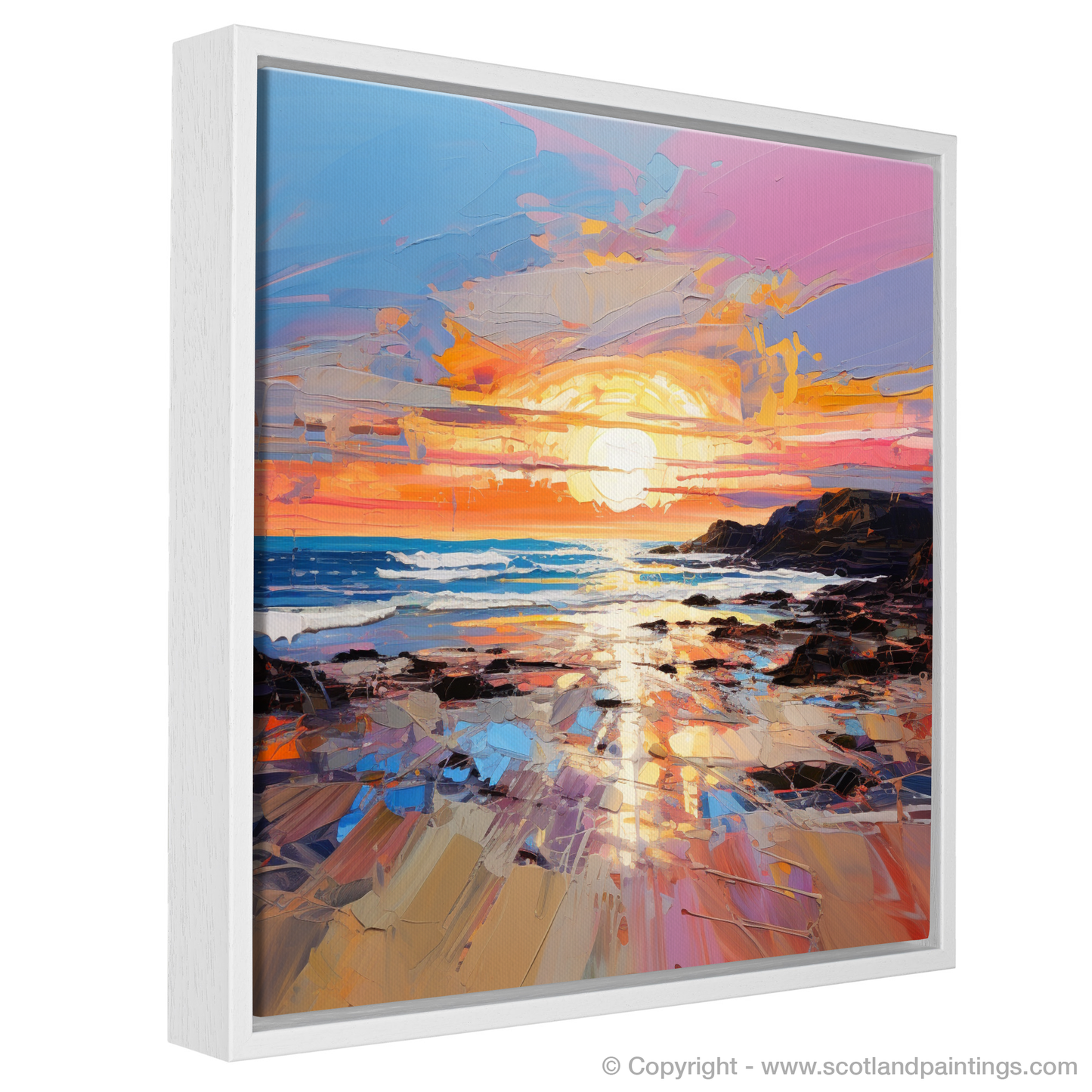 Painting and Art Print of St Cyrus Beach at sunset. Sunset Embrace at St Cyrus Beach.