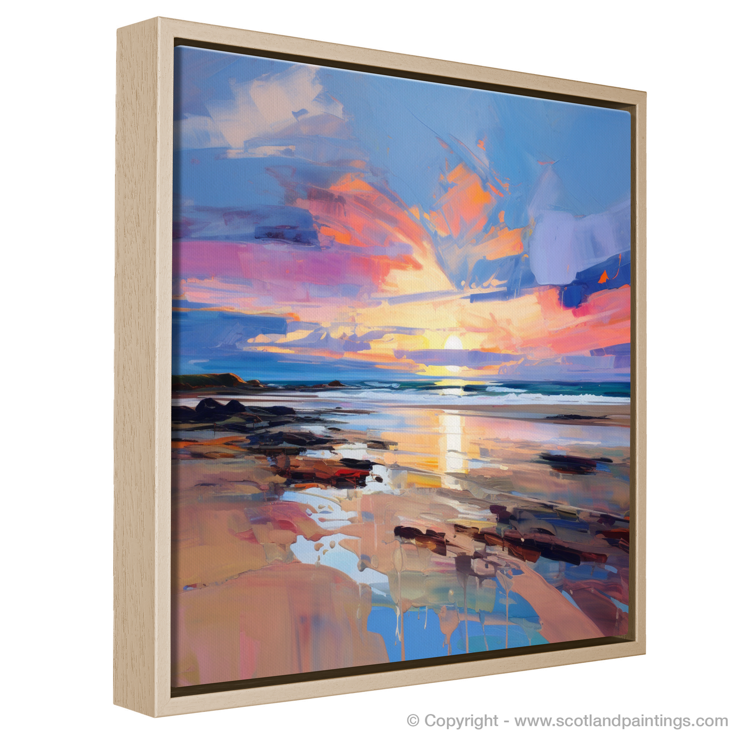 Painting and Art Print of St Cyrus Beach at sunset entitled "Fiery Sunset Embrace at St Cyrus Beach".