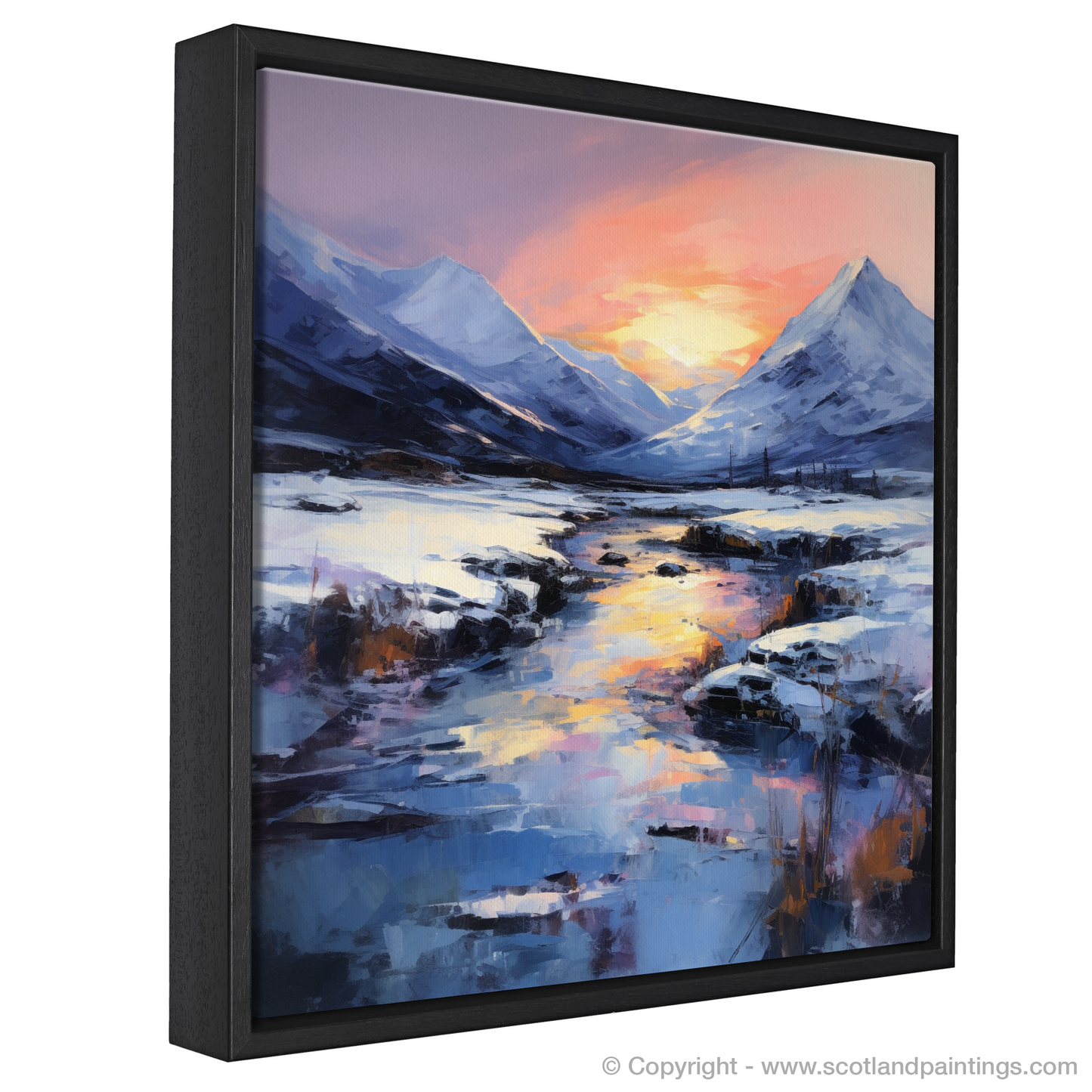 Painting and Art Print of Pristine snow at dusk in Glencoe entitled "Twilight's Embrace in Glencoe Snow".