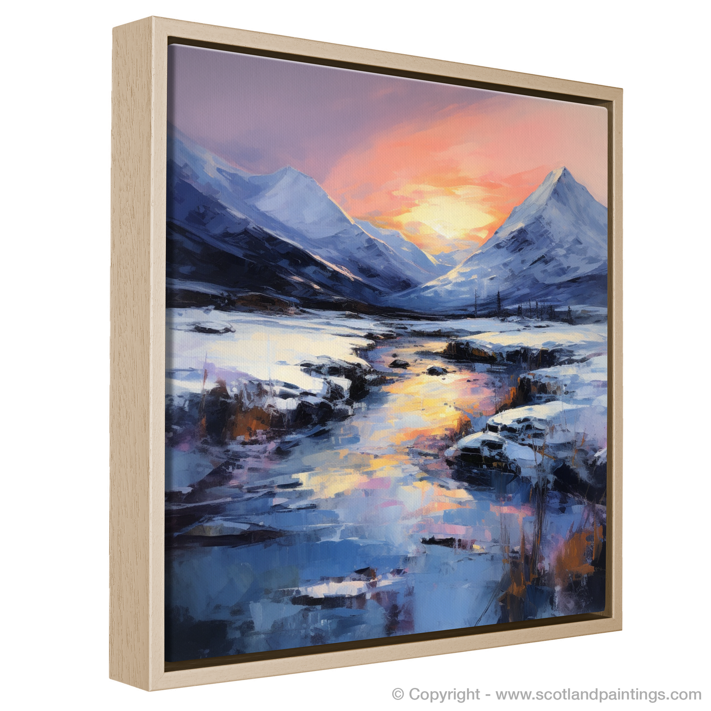 Painting and Art Print of Pristine snow at dusk in Glencoe entitled "Twilight's Embrace in Glencoe Snow".