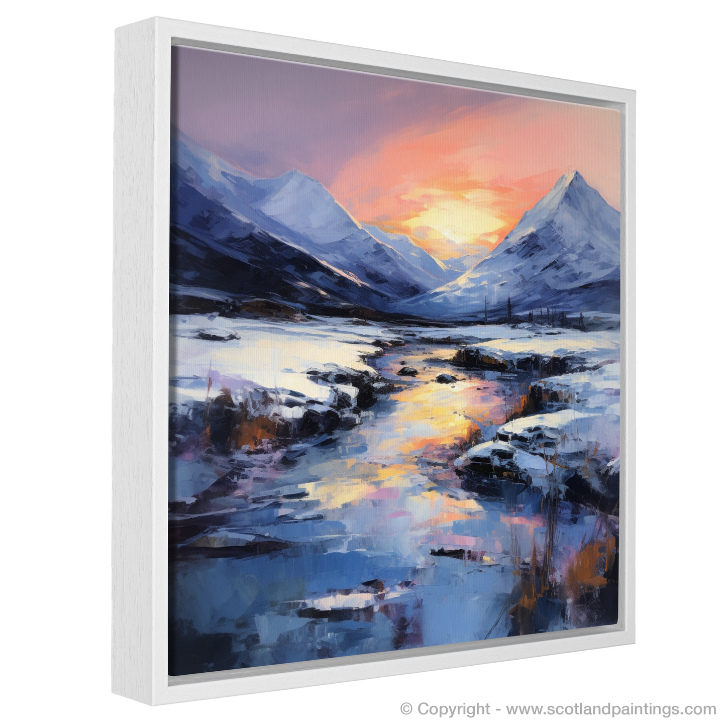 Painting and Art Print of Pristine snow at dusk in Glencoe entitled "Twilight's Embrace in Glencoe Snow".