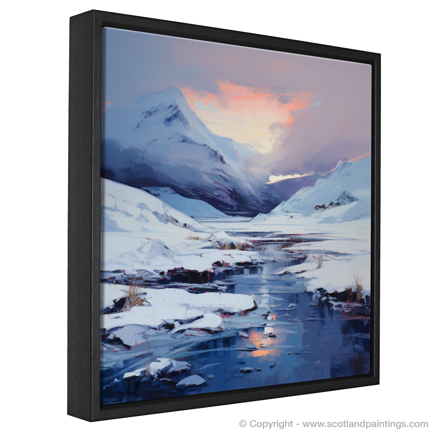 Painting and Art Print of Pristine snow at dusk in Glencoe entitled "Dusk's Embrace over Snowy Glencoe".