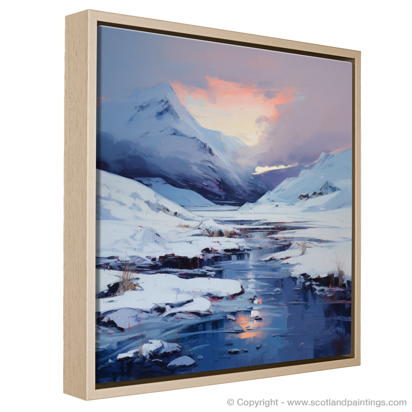 Painting and Art Print of Pristine snow at dusk in Glencoe entitled "Dusk's Embrace over Snowy Glencoe".