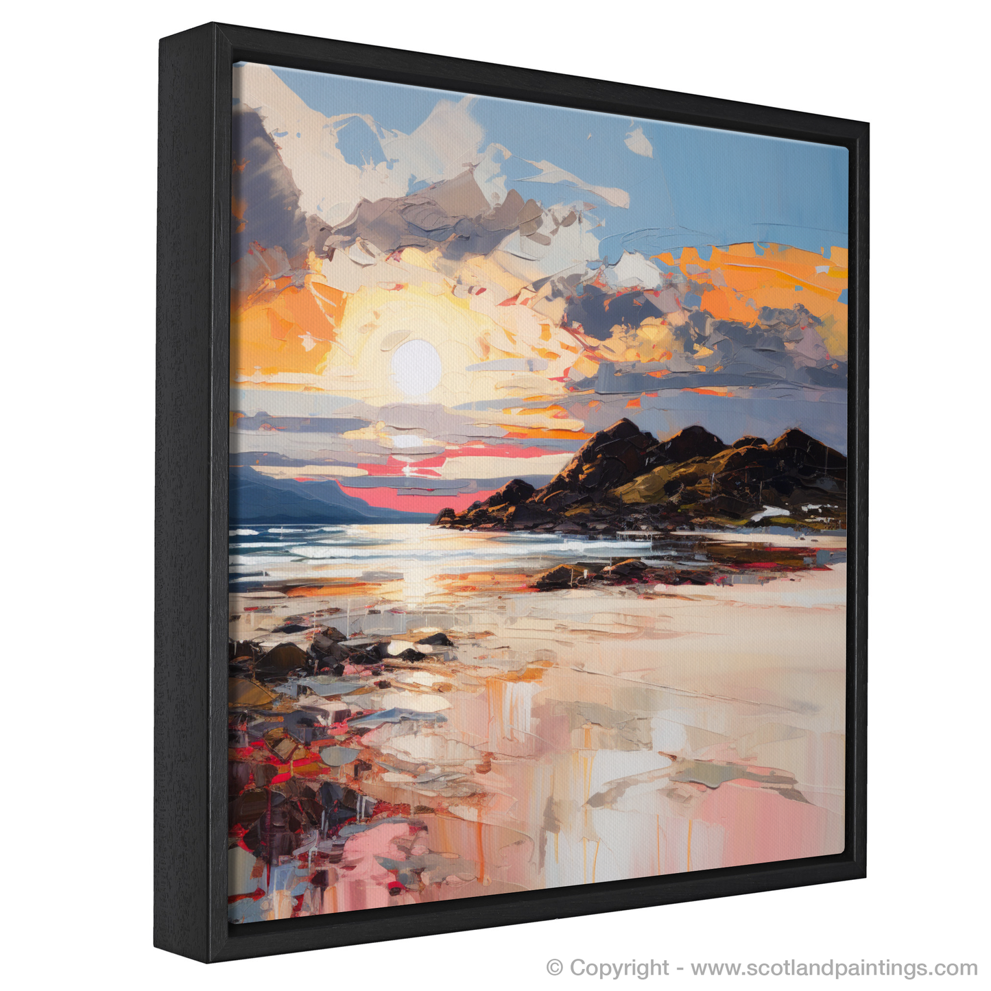 Painting and Art Print of Camusdarach Beach at golden hour entitled "Golden Hour Serenade at Camusdarach Beach".