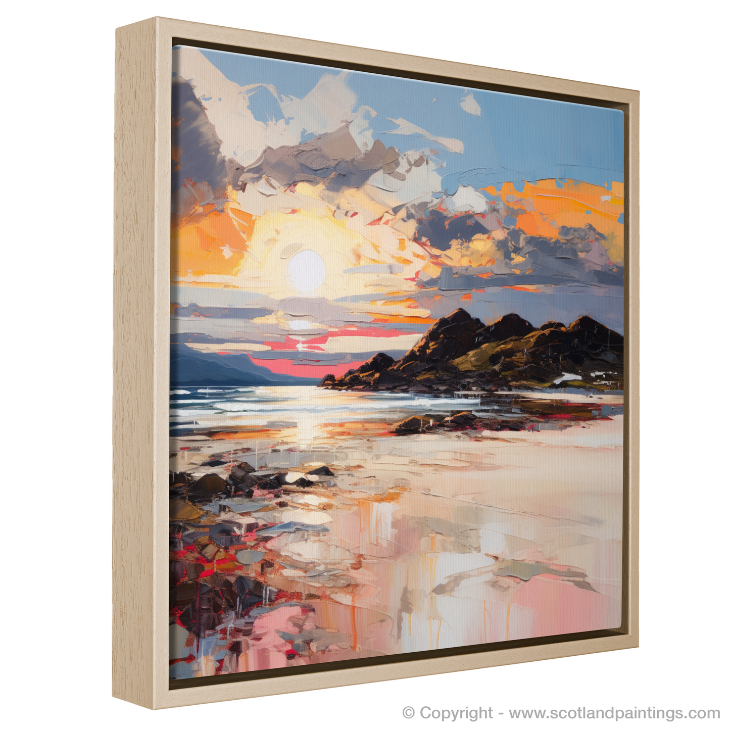 Painting and Art Print of Camusdarach Beach at golden hour entitled "Golden Hour Serenade at Camusdarach Beach".