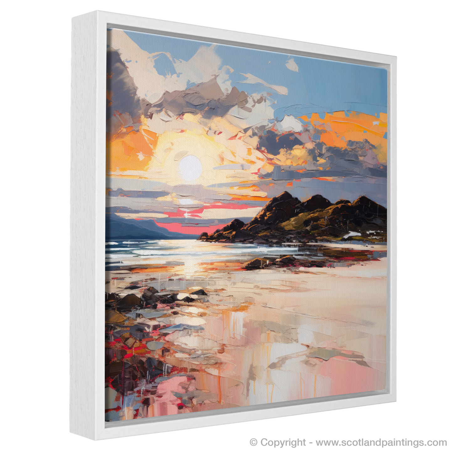 Painting and Art Print of Camusdarach Beach at golden hour entitled "Golden Hour Serenade at Camusdarach Beach".