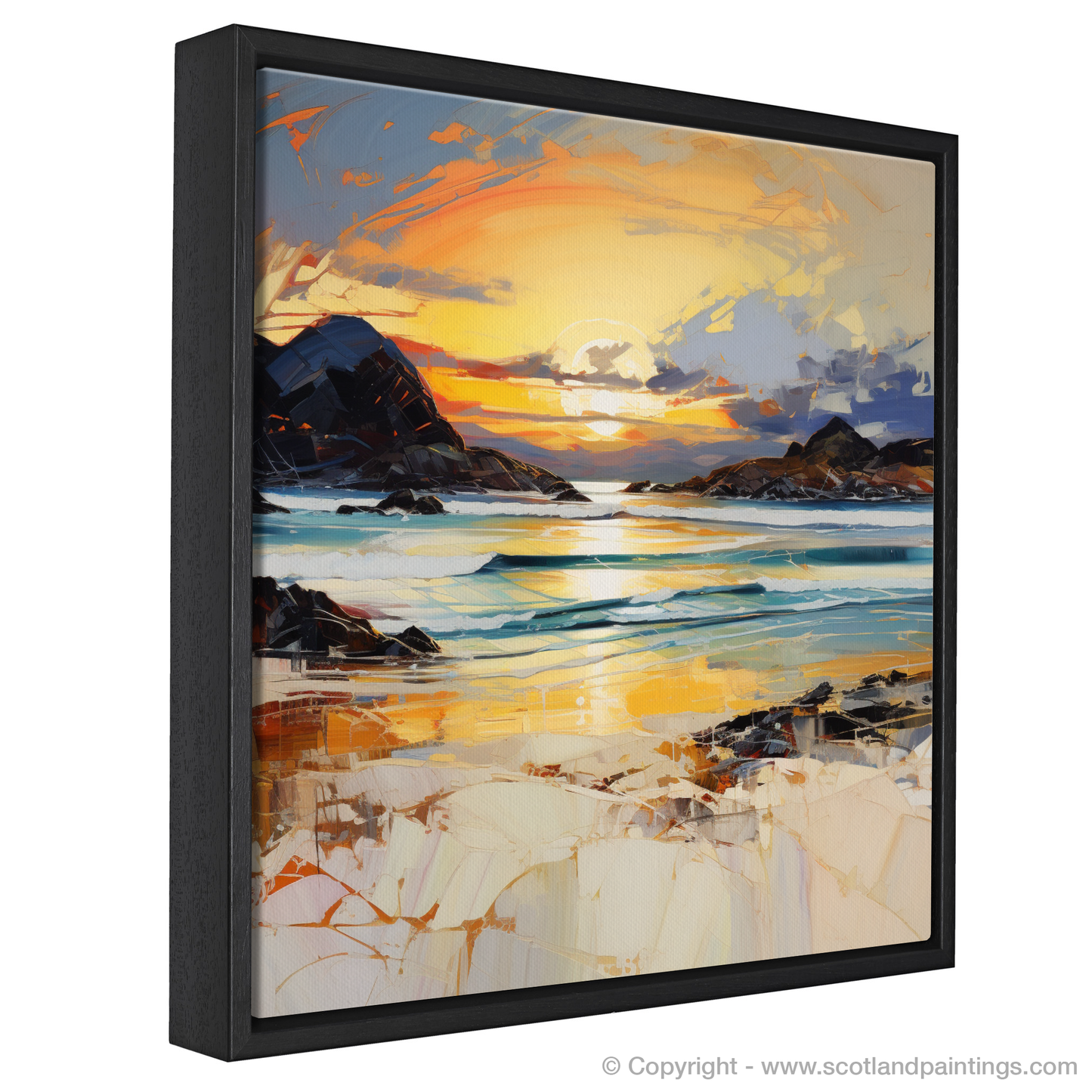 Painting and Art Print of Camusdarach Beach at golden hour entitled "Golden Hour Majesty at Camusdarach Beach".