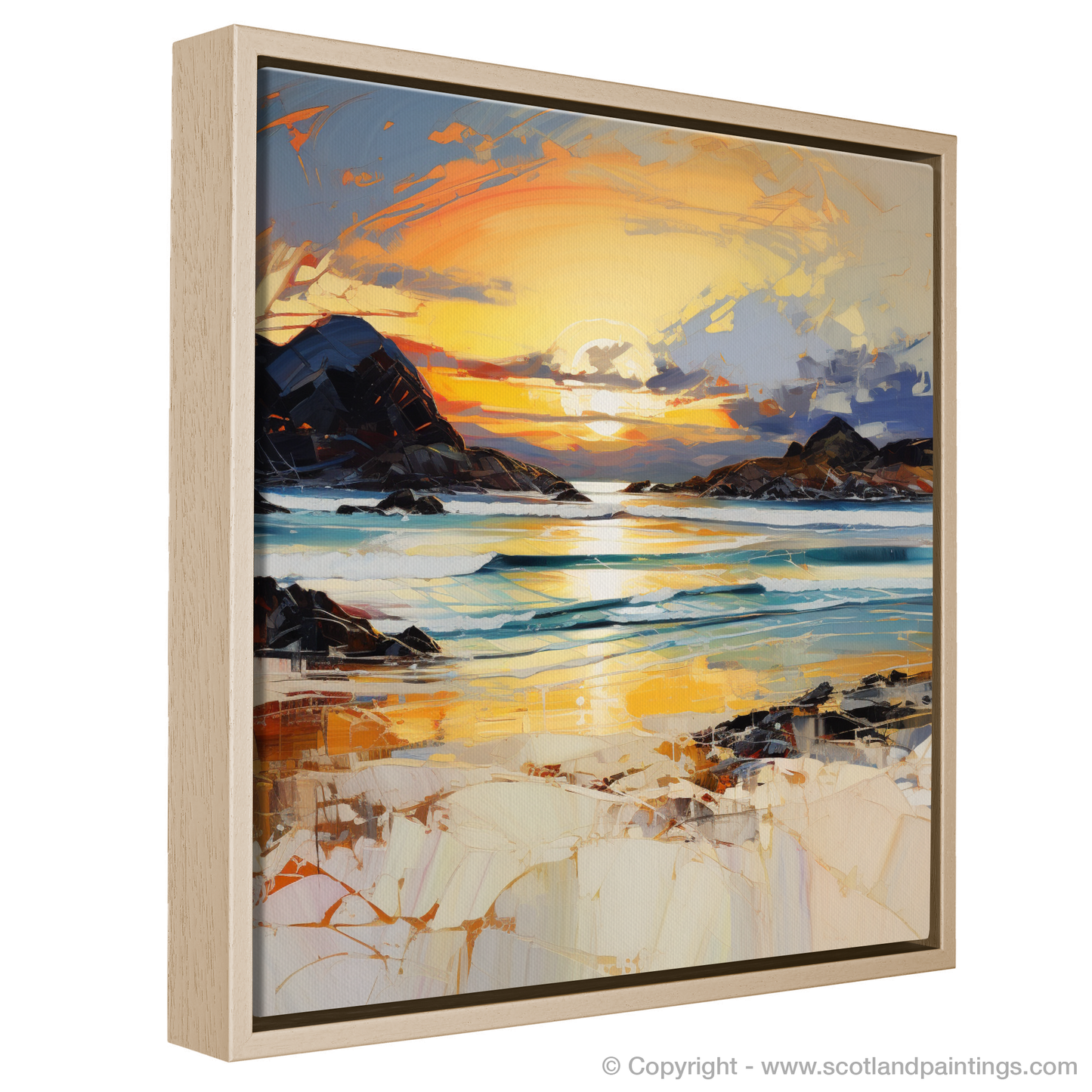 Painting and Art Print of Camusdarach Beach at golden hour entitled "Golden Hour Majesty at Camusdarach Beach".