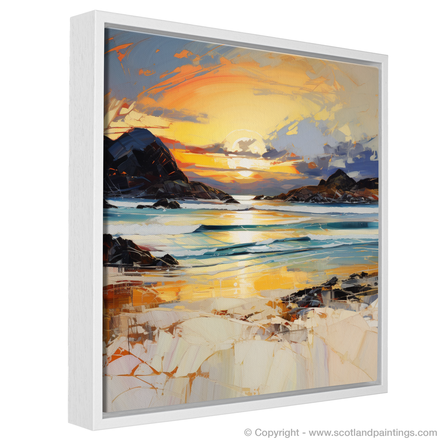 Painting and Art Print of Camusdarach Beach at golden hour entitled "Golden Hour Majesty at Camusdarach Beach".