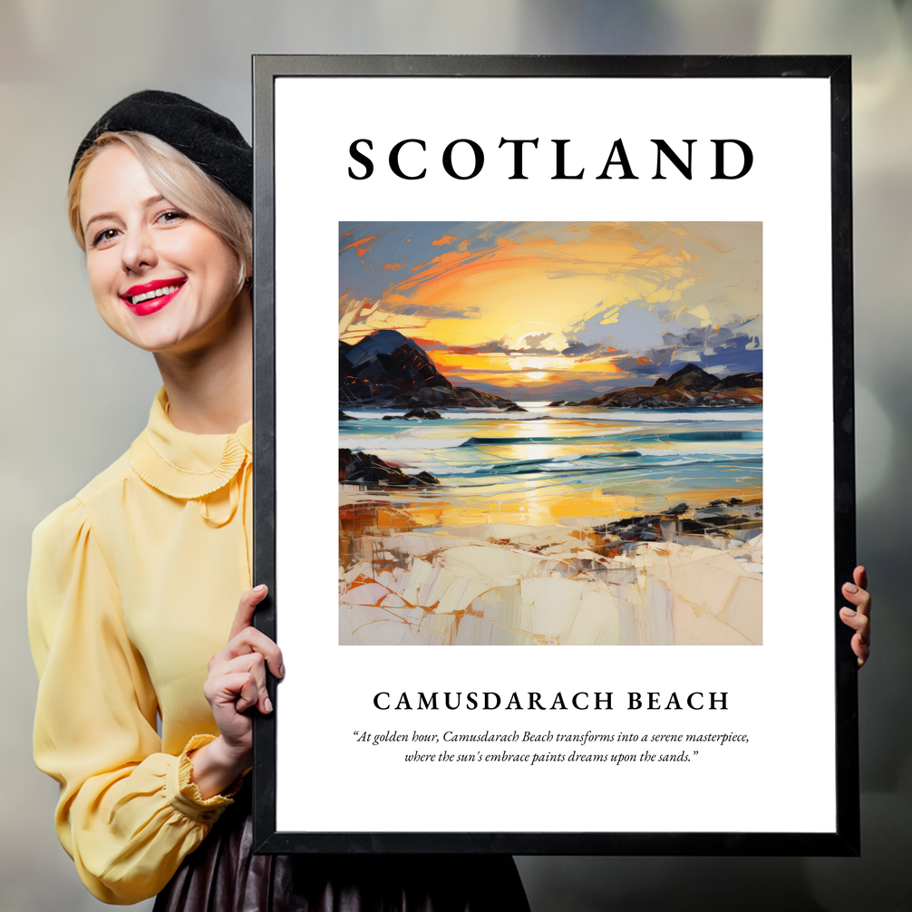 Person holding a poster of Camusdarach Beach