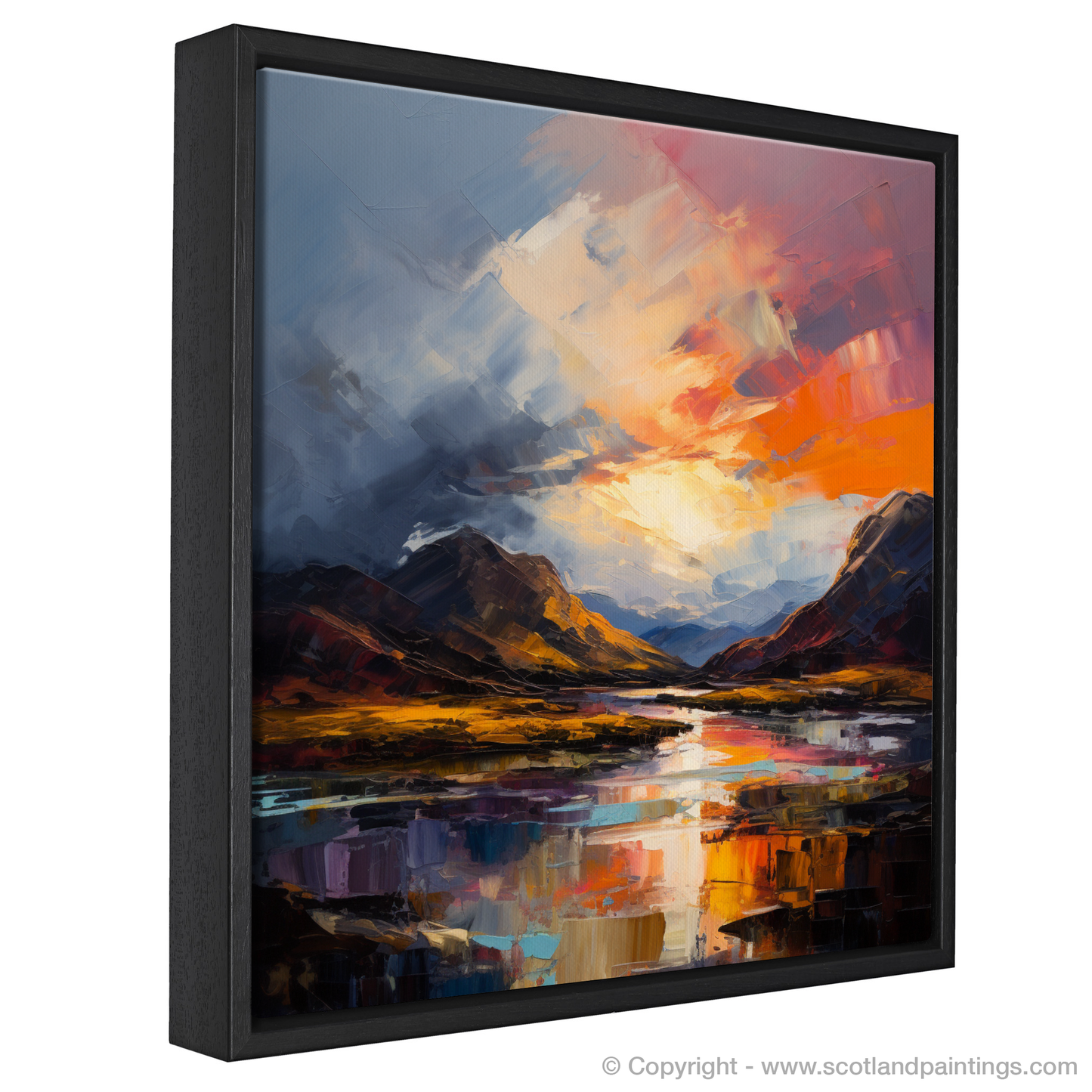 Painting and Art Print of Moody clouds at sunset in Glencoe entitled "Moody Clouds and Fiery Hues: Sunset Over Glencoe".