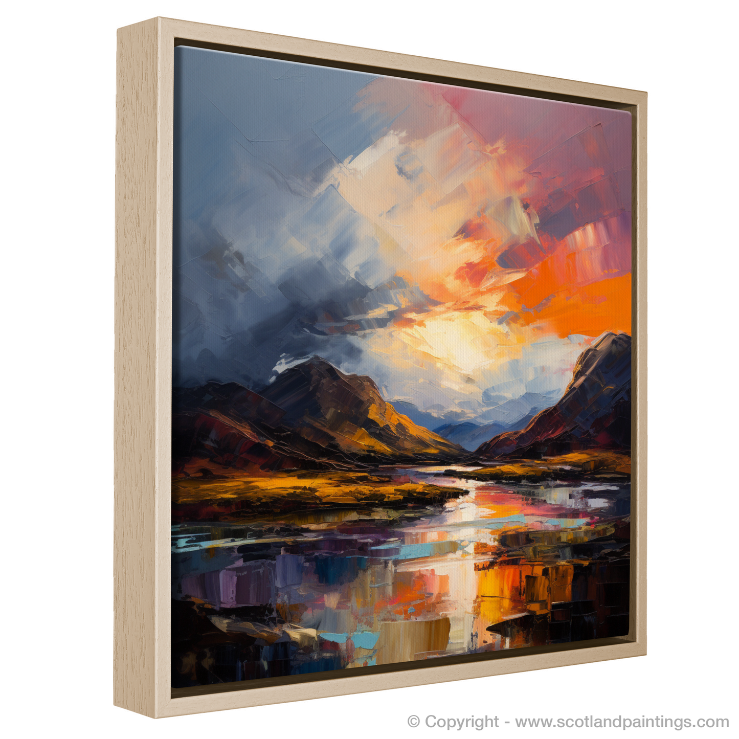 Painting and Art Print of Moody clouds at sunset in Glencoe entitled "Moody Clouds and Fiery Hues: Sunset Over Glencoe".