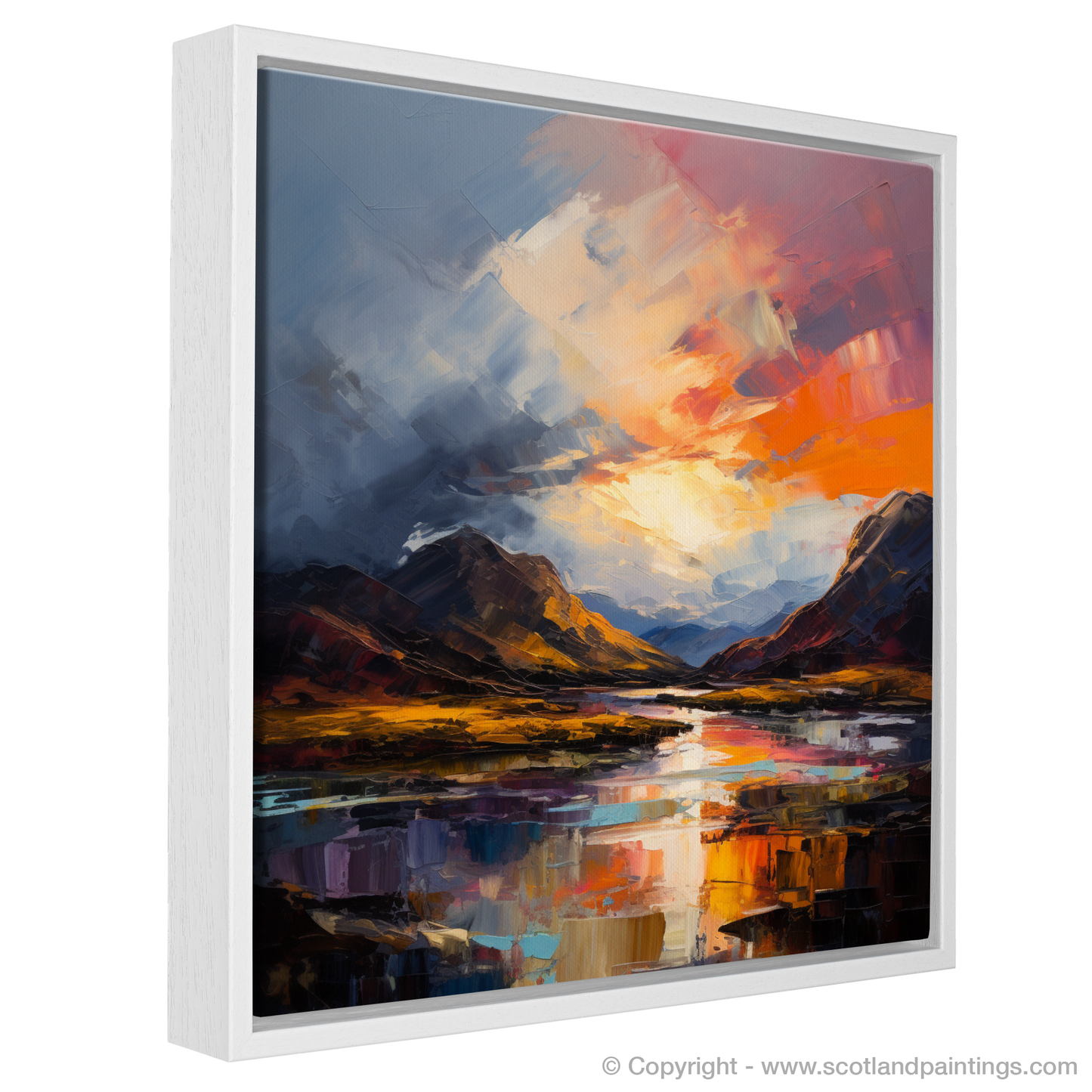 Painting and Art Print of Moody clouds at sunset in Glencoe entitled "Moody Clouds and Fiery Hues: Sunset Over Glencoe".