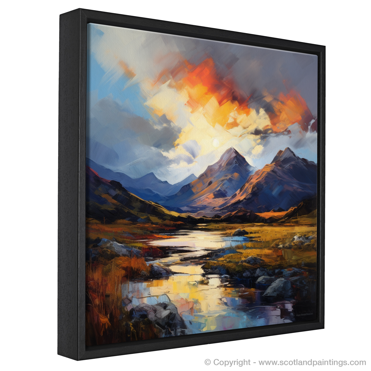 Painting and Art Print of Moody clouds at sunset in Glencoe entitled "Moody Skies at Sunset: An Expressionist Ode to Glencoe".