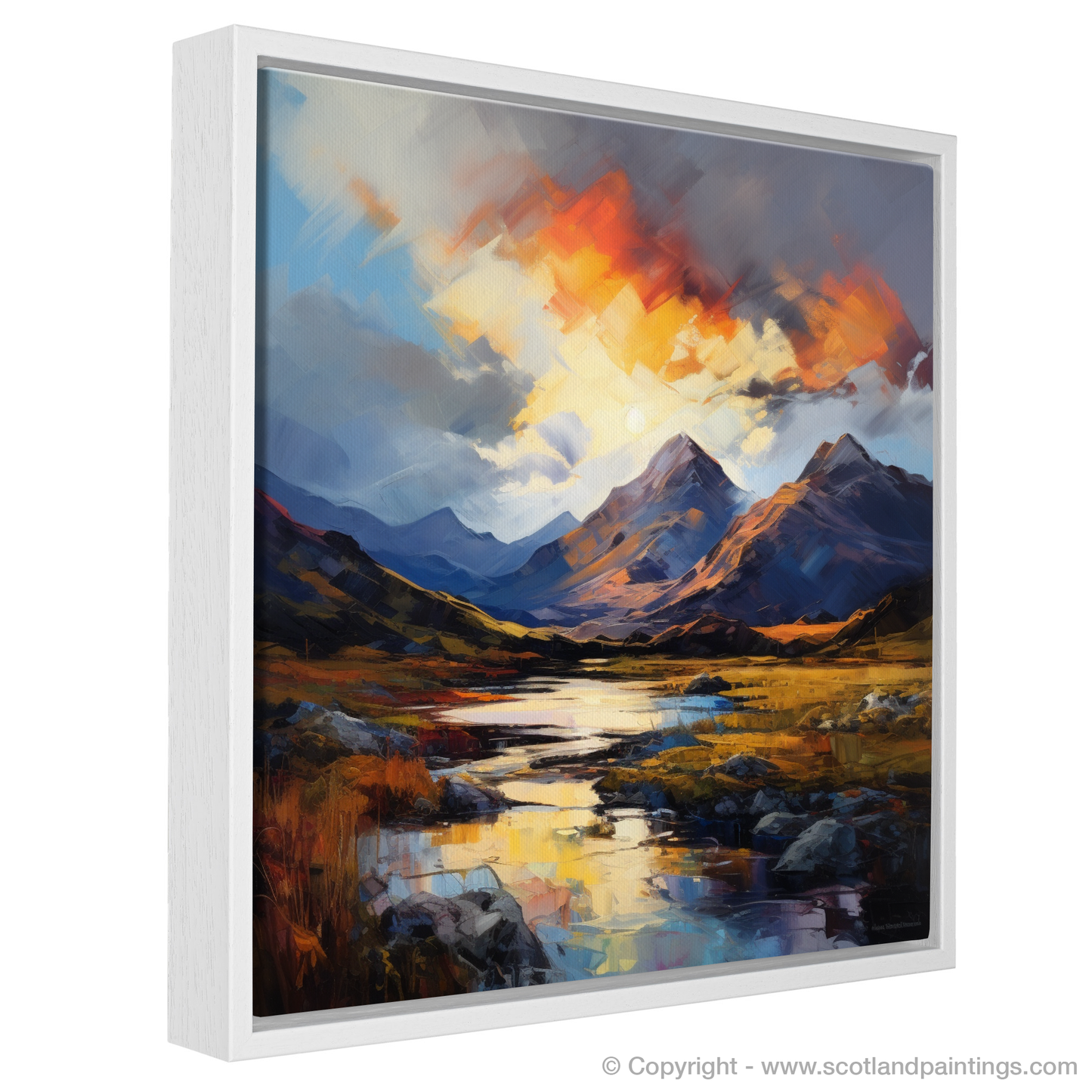 Painting and Art Print of Moody clouds at sunset in Glencoe entitled "Moody Skies at Sunset: An Expressionist Ode to Glencoe".