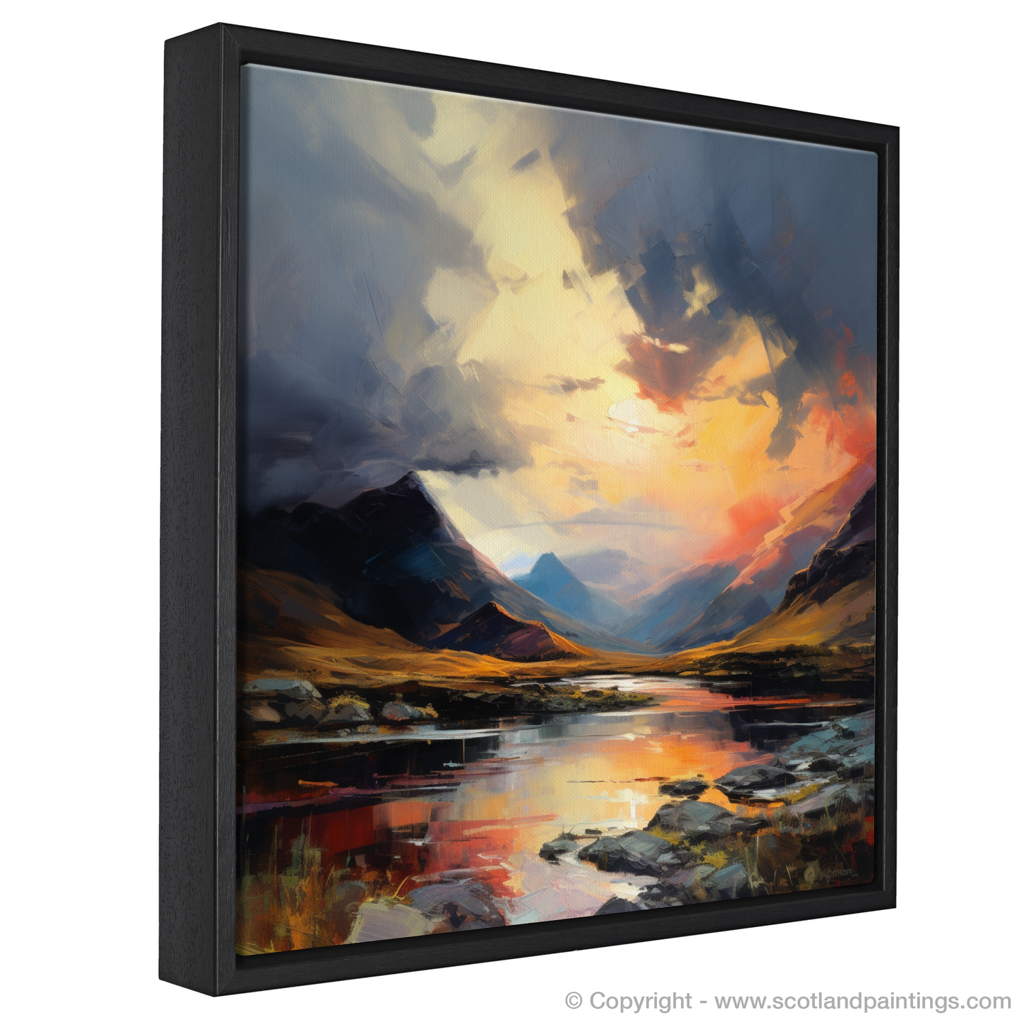 Painting and Art Print of Moody clouds at sunset in Glencoe entitled "Moody Sunset Over Glencoe: An Expressionist Ode to Nature's Drama".