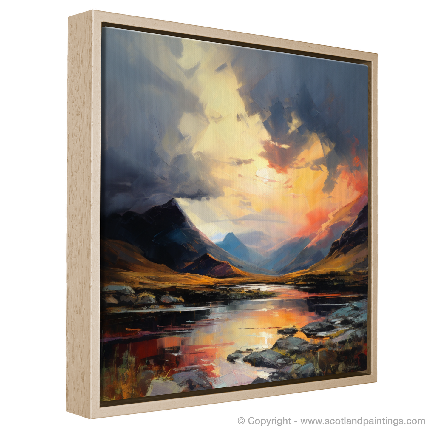 Painting and Art Print of Moody clouds at sunset in Glencoe entitled "Moody Sunset Over Glencoe: An Expressionist Ode to Nature's Drama".