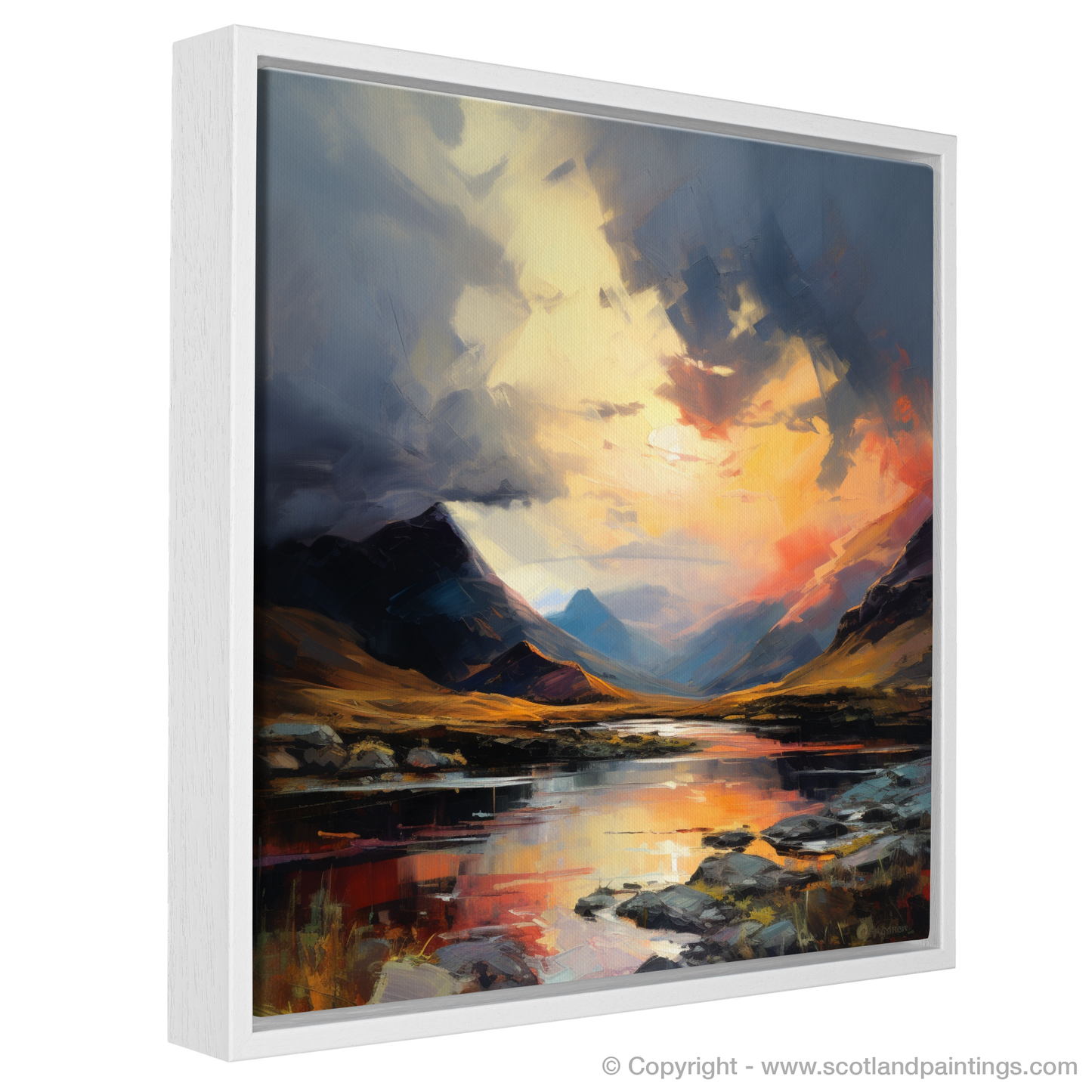 Painting and Art Print of Moody clouds at sunset in Glencoe entitled "Moody Sunset Over Glencoe: An Expressionist Ode to Nature's Drama".