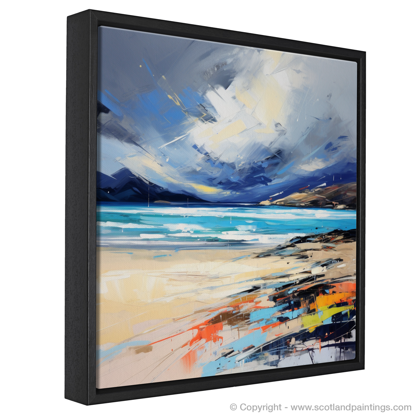 Painting and Art Print of Luskentyre Beach with a stormy sky entitled "Storm Over Luskentyre: An Expressionist Homage to the Scottish Shores".