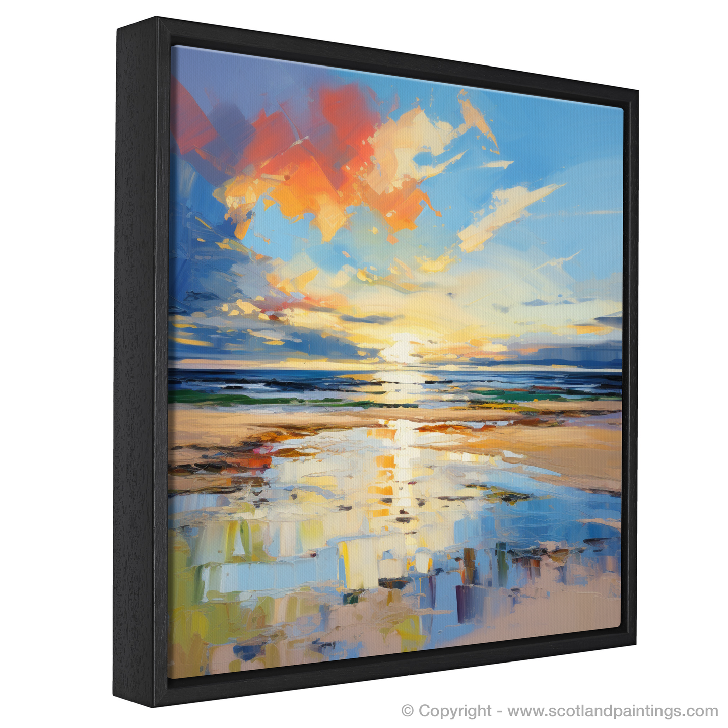 Painting and Art Print of Nairn Beach at golden hour entitled "Golden Hour Embrace at Nairn Beach".