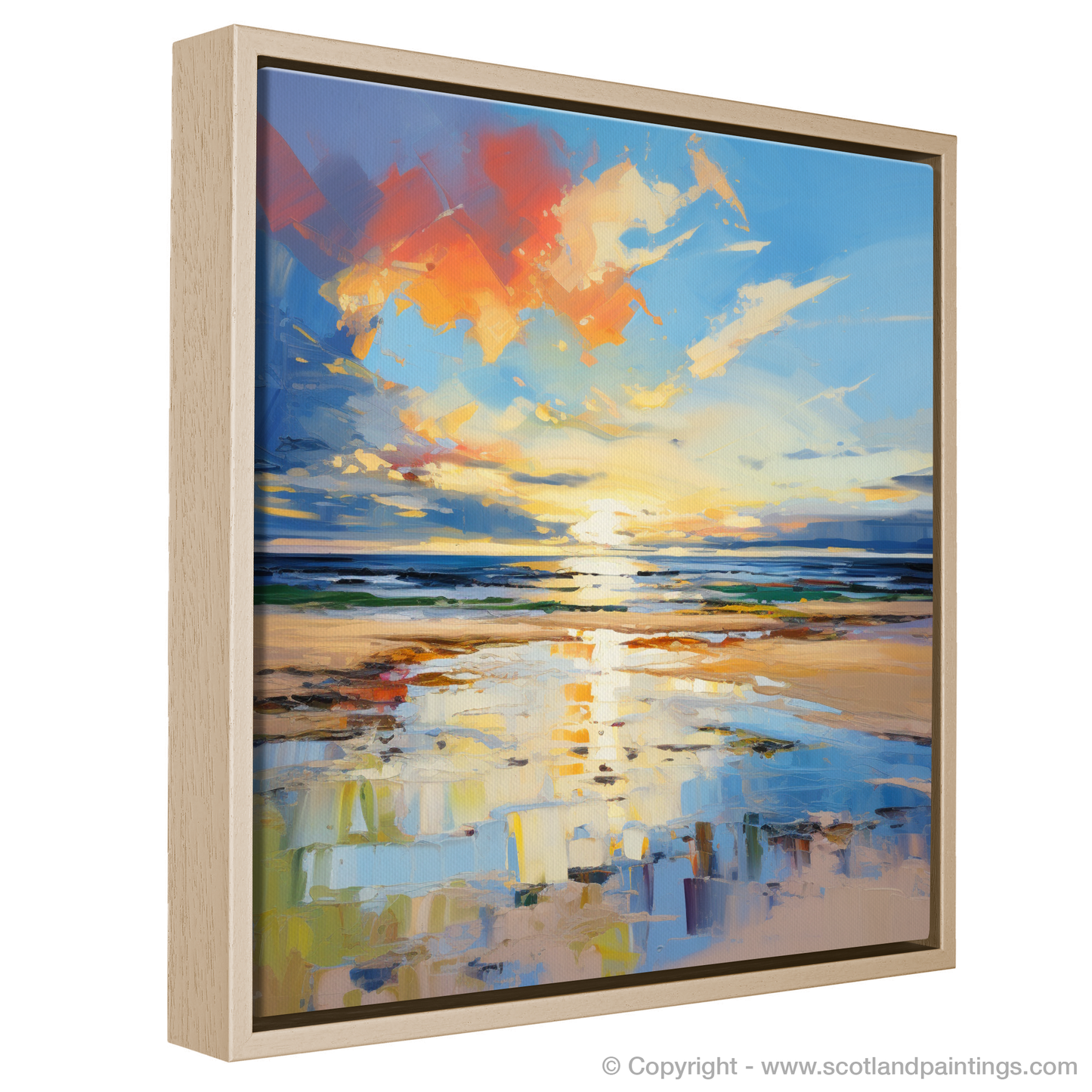 Painting and Art Print of Nairn Beach at golden hour entitled "Golden Hour Embrace at Nairn Beach".