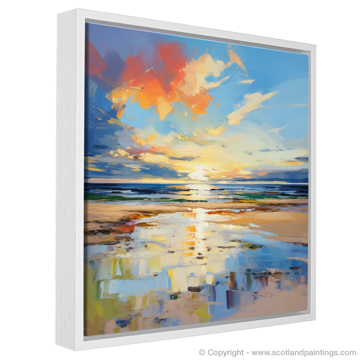 Painting and Art Print of Nairn Beach at golden hour entitled "Golden Hour Embrace at Nairn Beach".