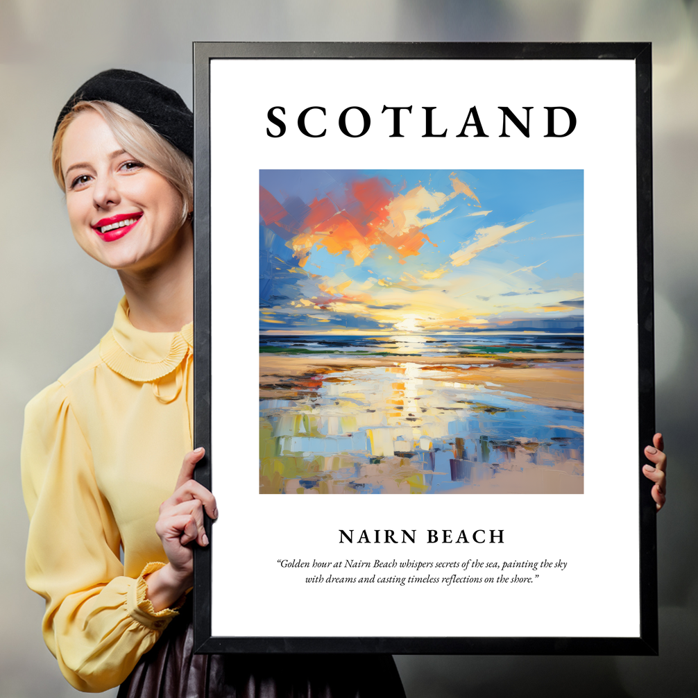 Person holding a poster of Nairn Beach