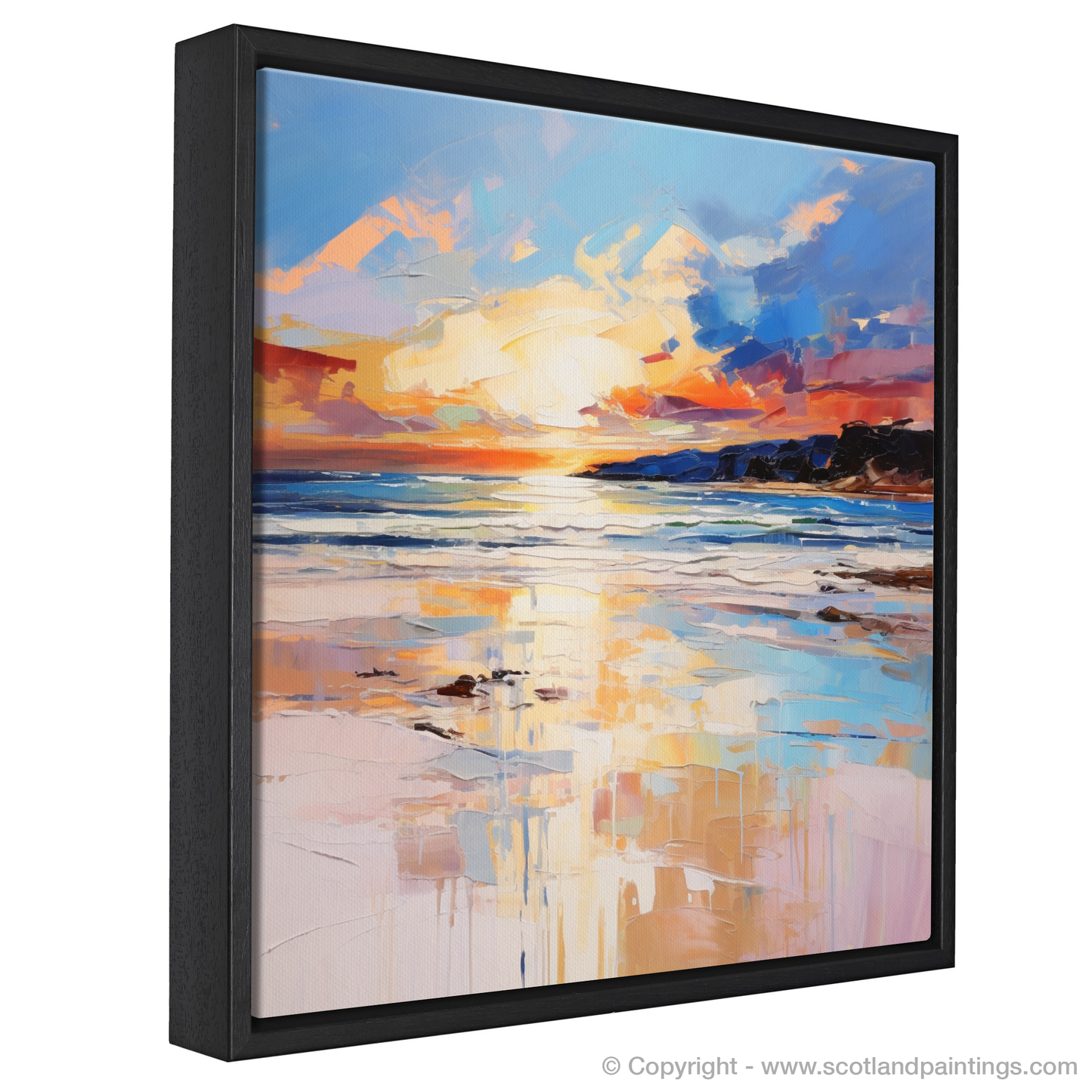 Painting and Art Print of Nairn Beach at golden hour entitled "Golden Hour Enchantment at Nairn Beach".