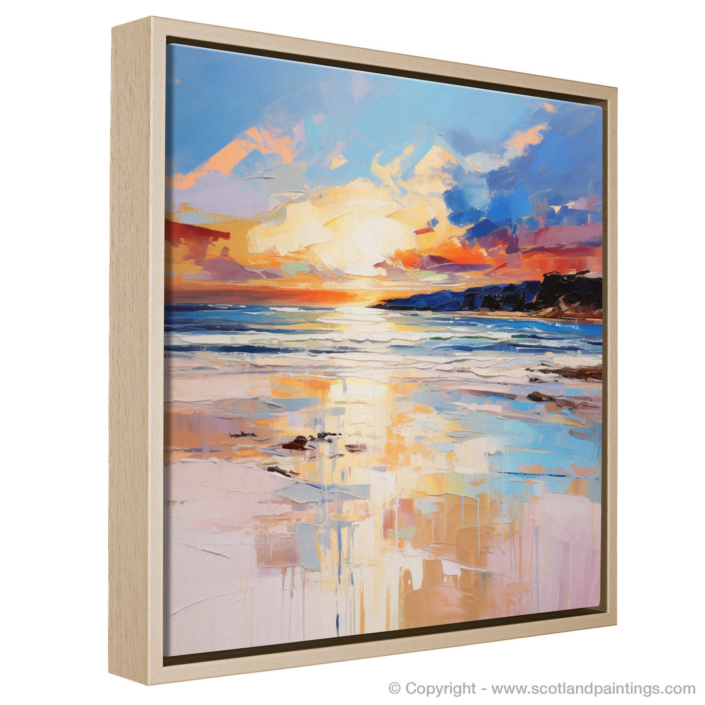 Painting and Art Print of Nairn Beach at golden hour entitled "Golden Hour Enchantment at Nairn Beach".