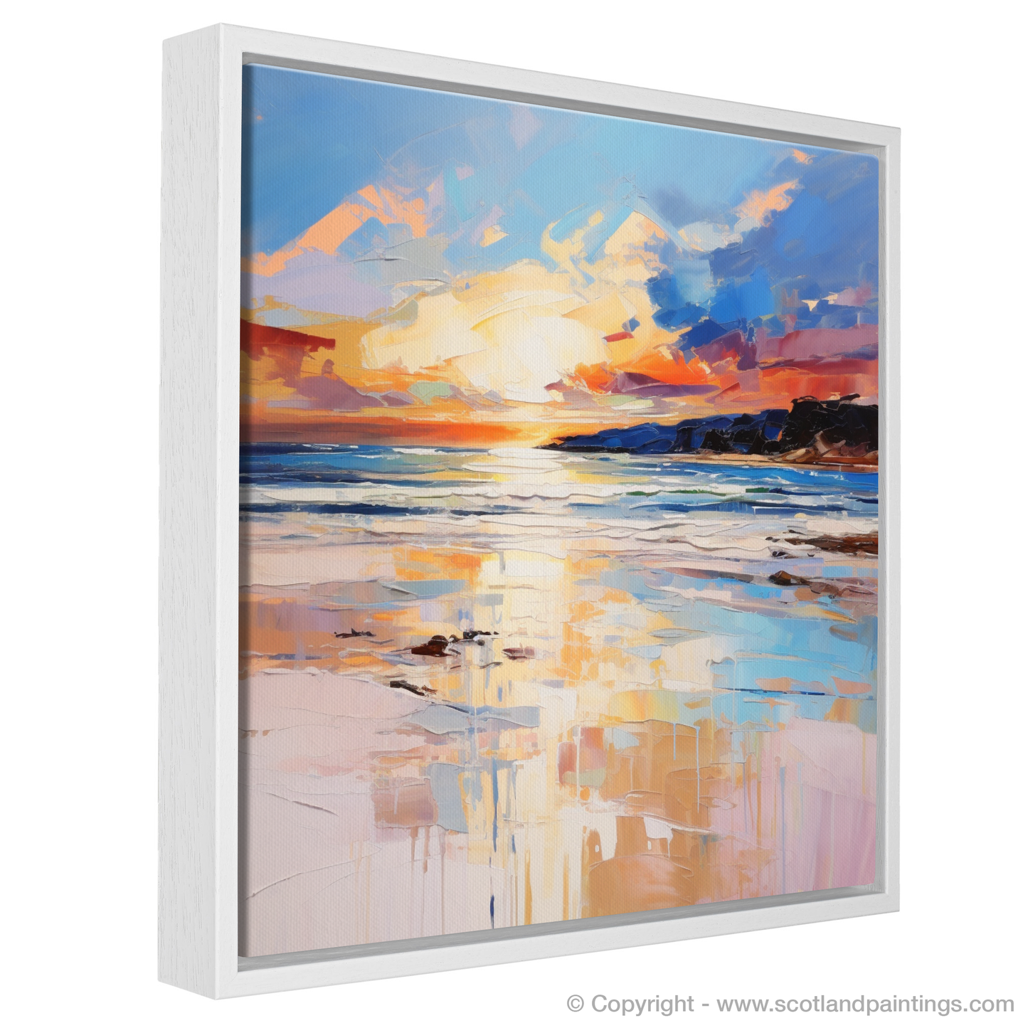 Painting and Art Print of Nairn Beach at golden hour entitled "Golden Hour Enchantment at Nairn Beach".