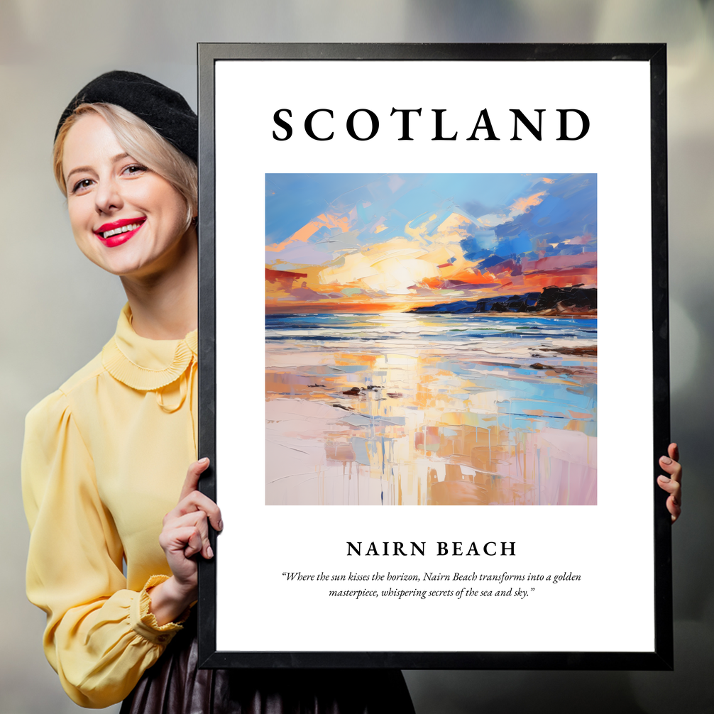 Person holding a poster of Nairn Beach