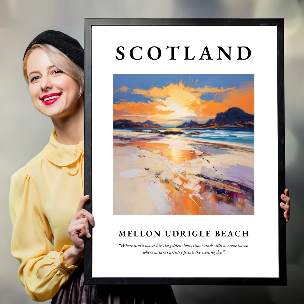 Person holding a poster of Mellon Udrigle Beach