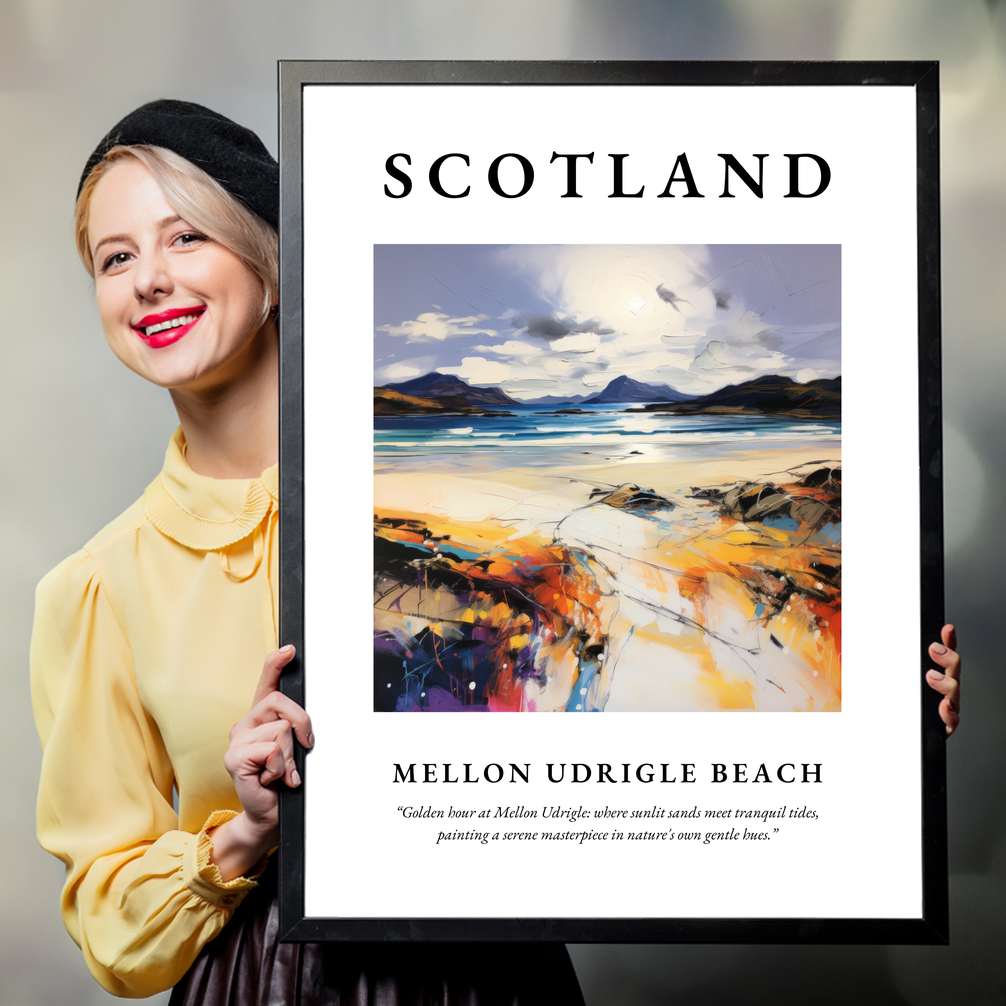 Person holding a poster of Mellon Udrigle Beach