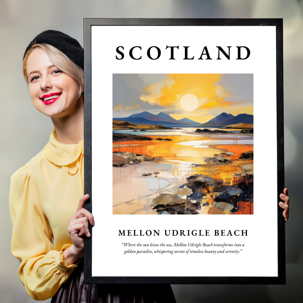 Person holding a poster of Mellon Udrigle Beach