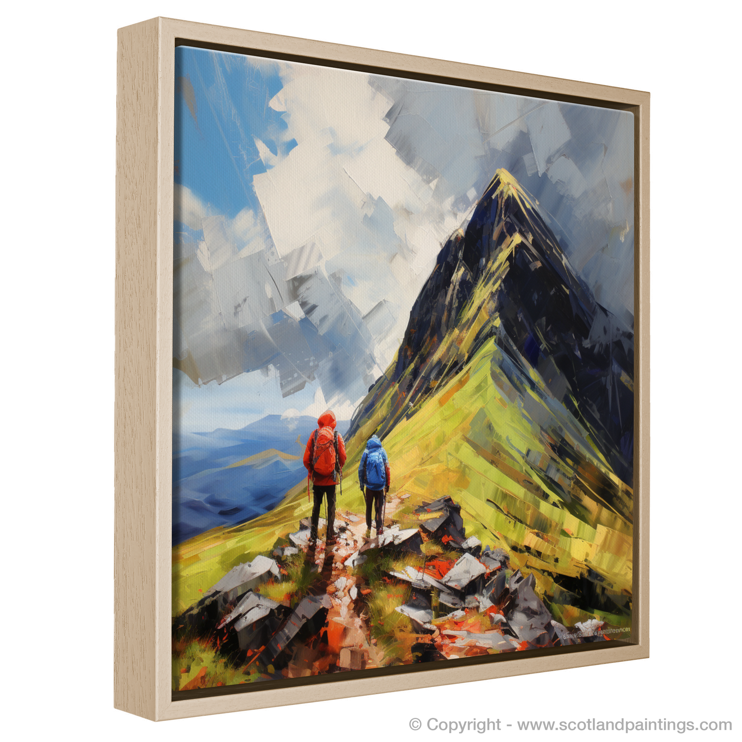 Painting and Art Print of Hikers at Buachaille summit in Glencoe entitled "Hikers Ascent to Buachaille Summit: An Expressionist Ode to Glencoe".