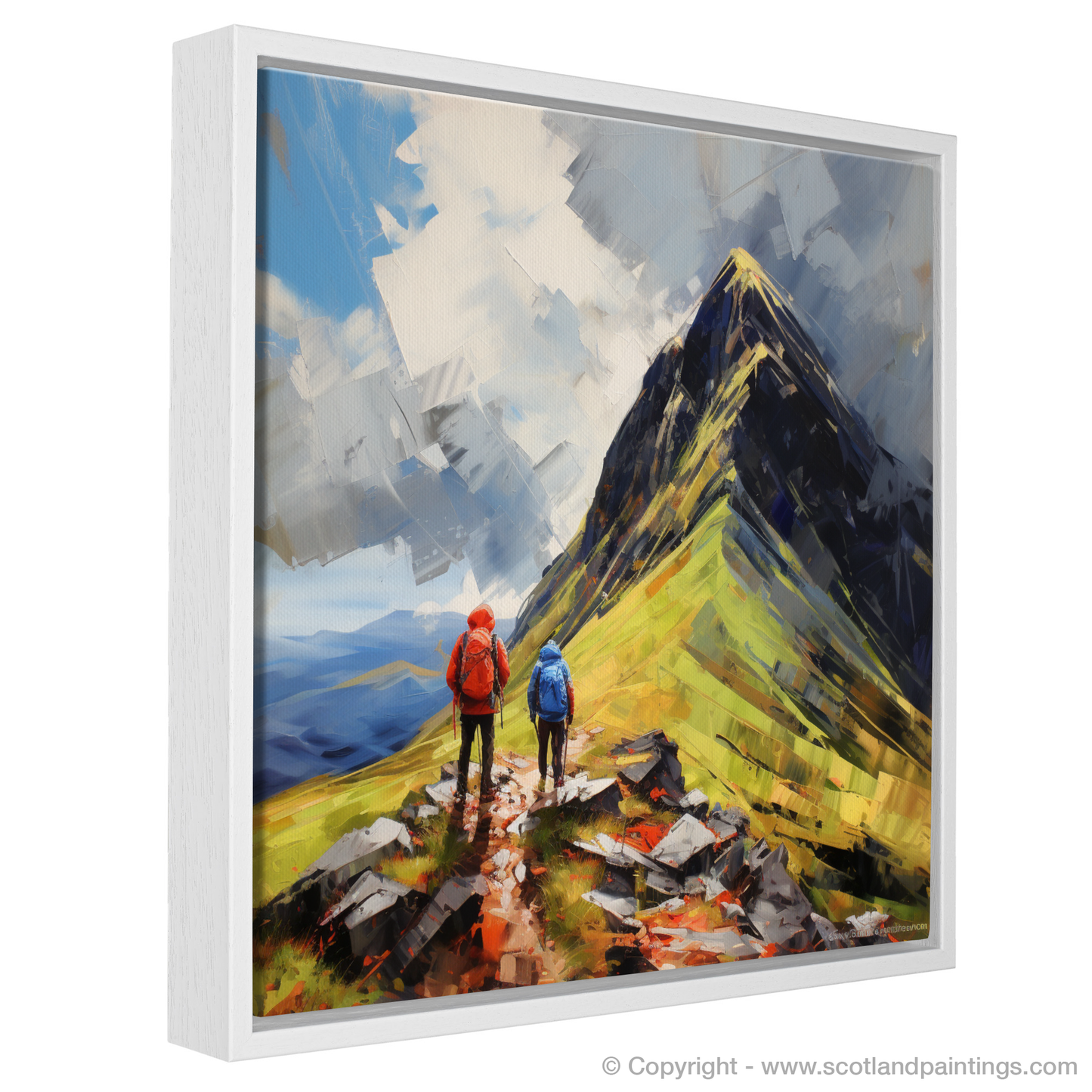 Painting and Art Print of Hikers at Buachaille summit in Glencoe entitled "Hikers Ascent to Buachaille Summit: An Expressionist Ode to Glencoe".