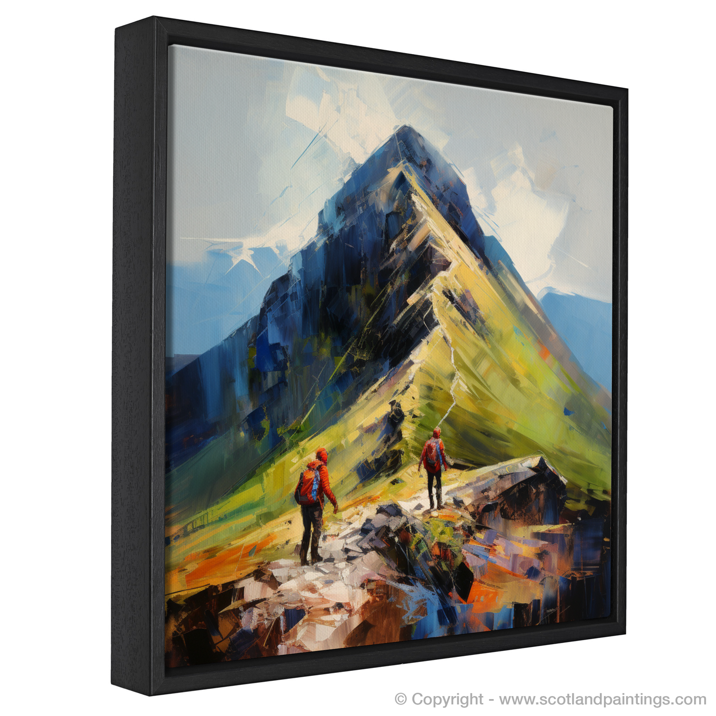 Painting and Art Print of Hikers at Buachaille summit in Glencoe entitled "Buachaille Summit Ascent: An Expressionist Tribute to Glencoe's Rugged Allure".