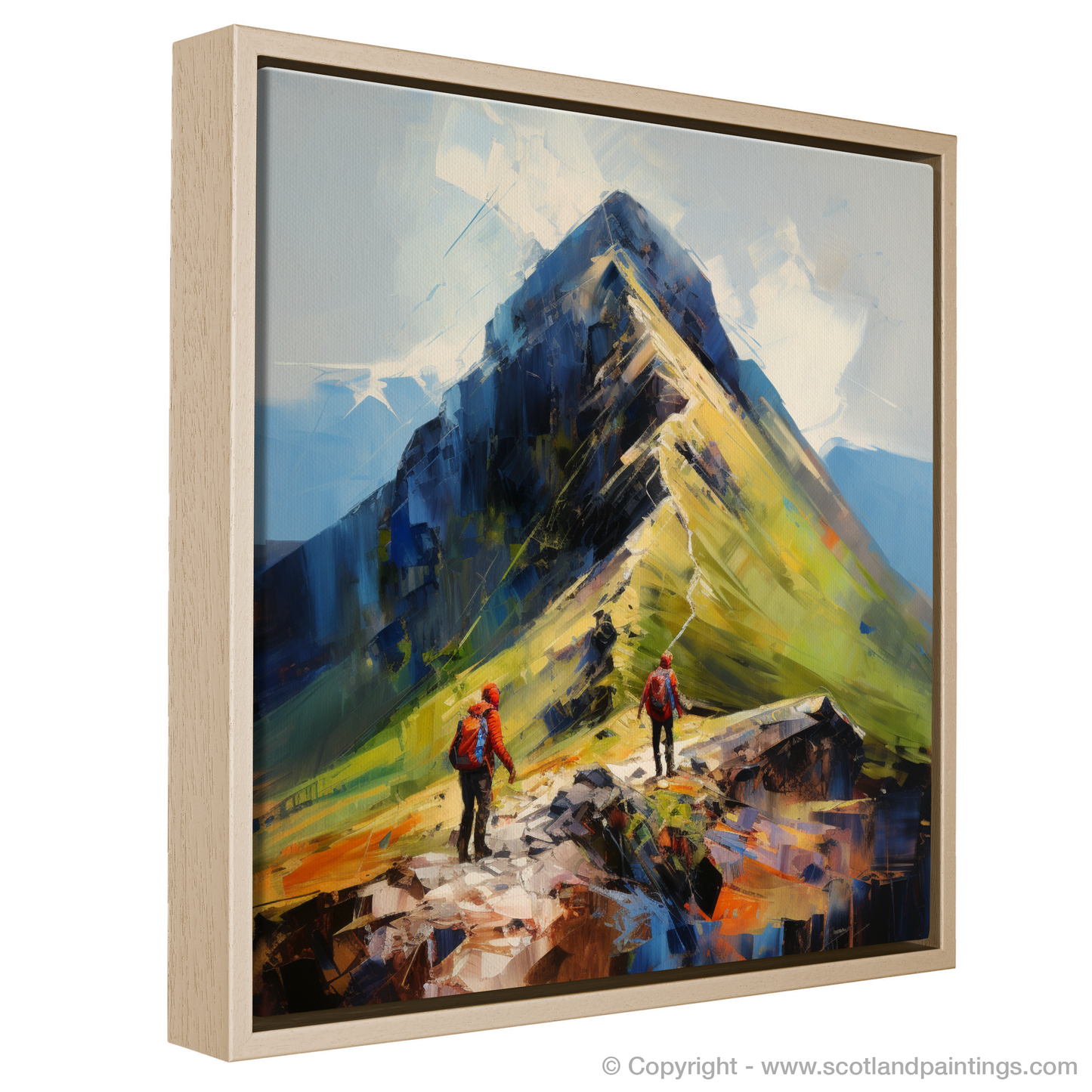 Painting and Art Print of Hikers at Buachaille summit in Glencoe entitled "Buachaille Summit Ascent: An Expressionist Tribute to Glencoe's Rugged Allure".