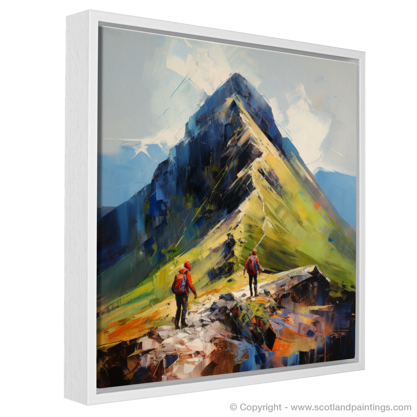 Painting and Art Print of Hikers at Buachaille summit in Glencoe entitled "Buachaille Summit Ascent: An Expressionist Tribute to Glencoe's Rugged Allure".